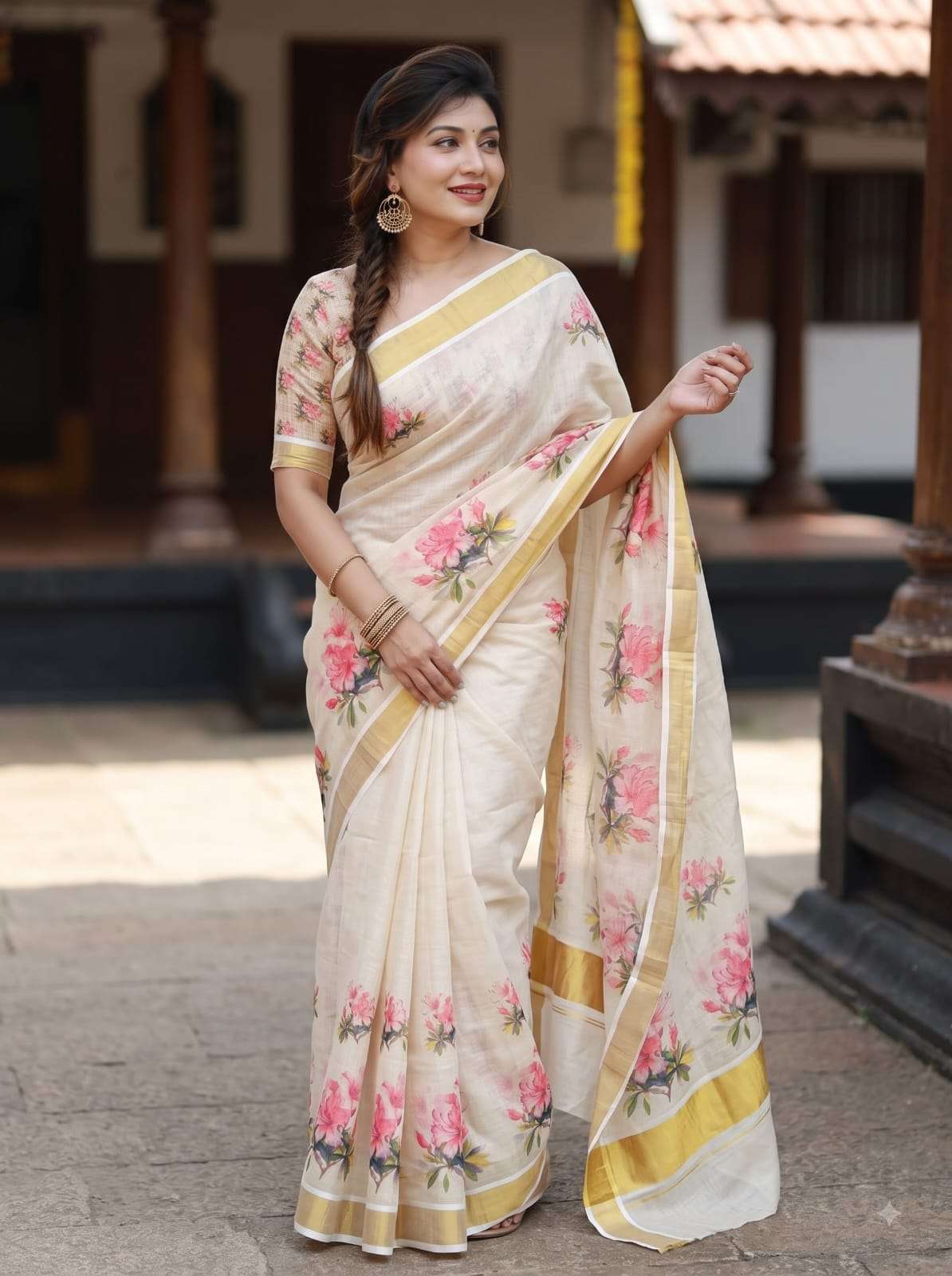soft Chiku Linen fabric with beautiful Gold Jari Kerala Saree Wholesale in surat MG699