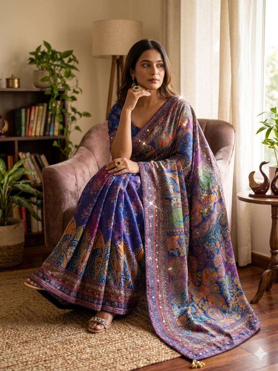  Soft Chinnon fabric saree with beautiful print on saree who...