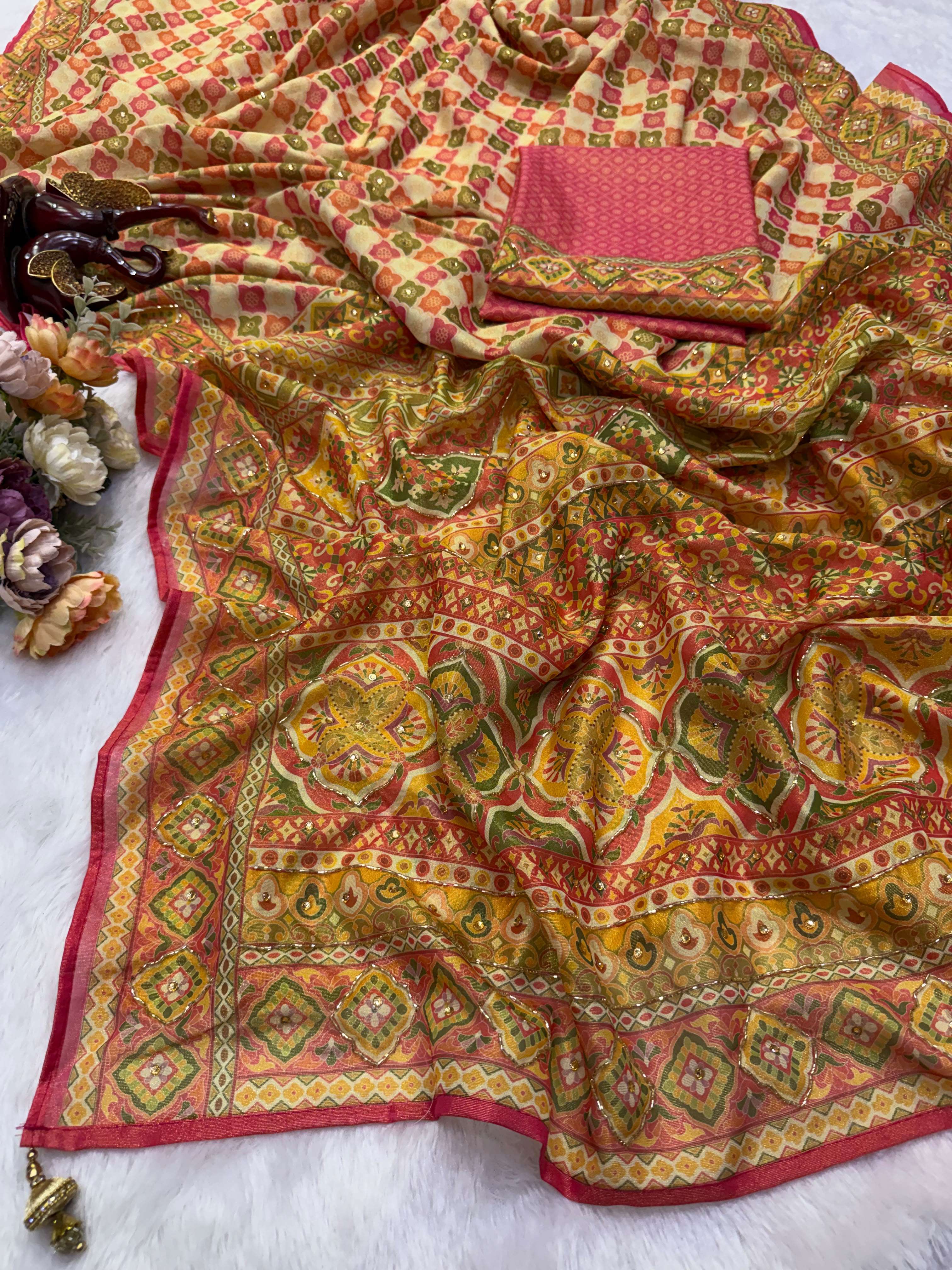 Soft Chosmo Silk fancy fabric with beautiful print on saree reseller in suat 5637 
