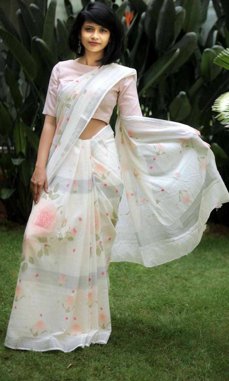 Soft Linen fabric With Silver Jari Patta on flower Digital Print on saree wholesale in surat MG169