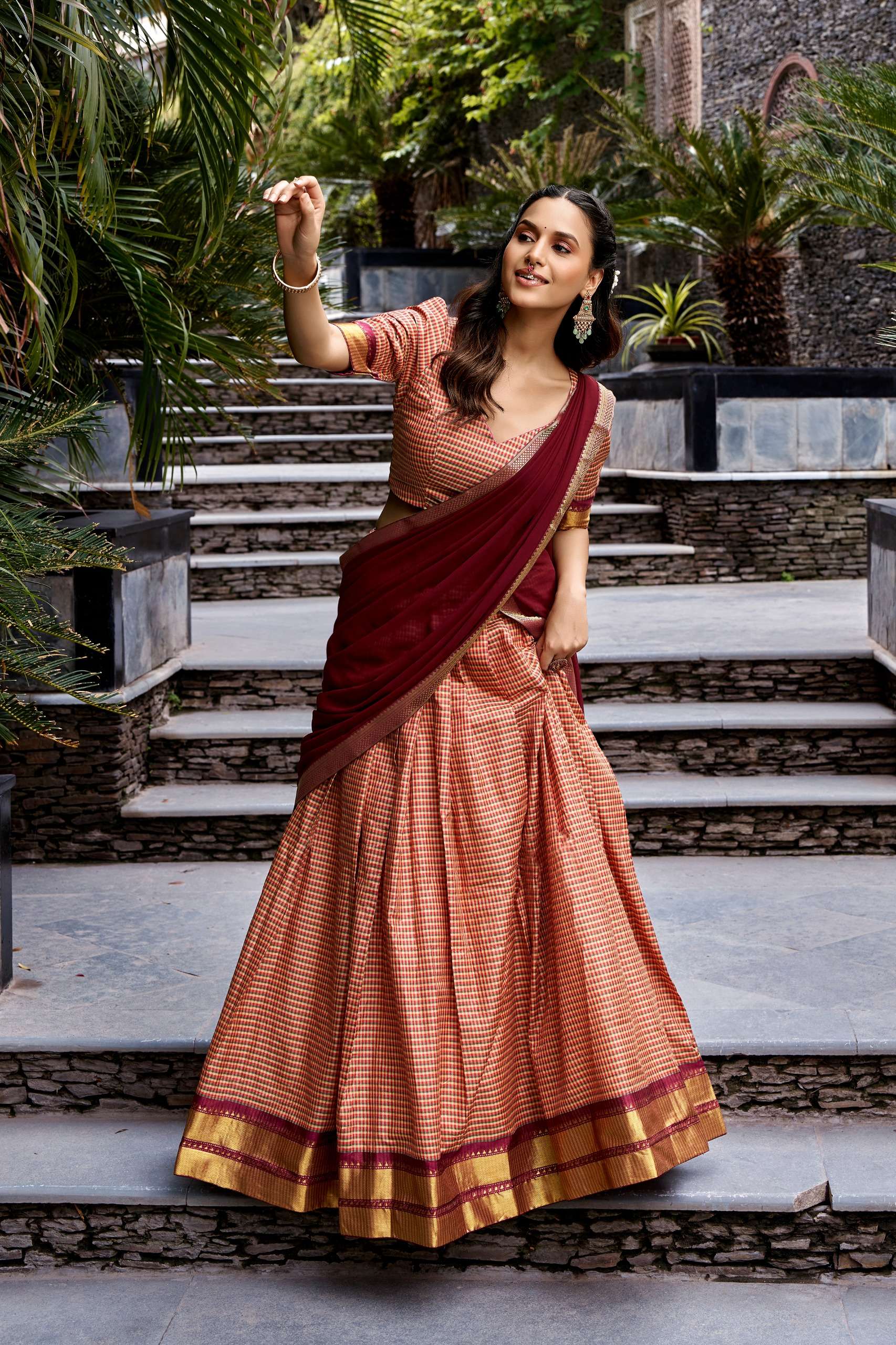 South Indian inspired Crafted in Kanchi Cotton Chex lehenga choli is a perfect choice for festive occasions wholesale in surat 2065