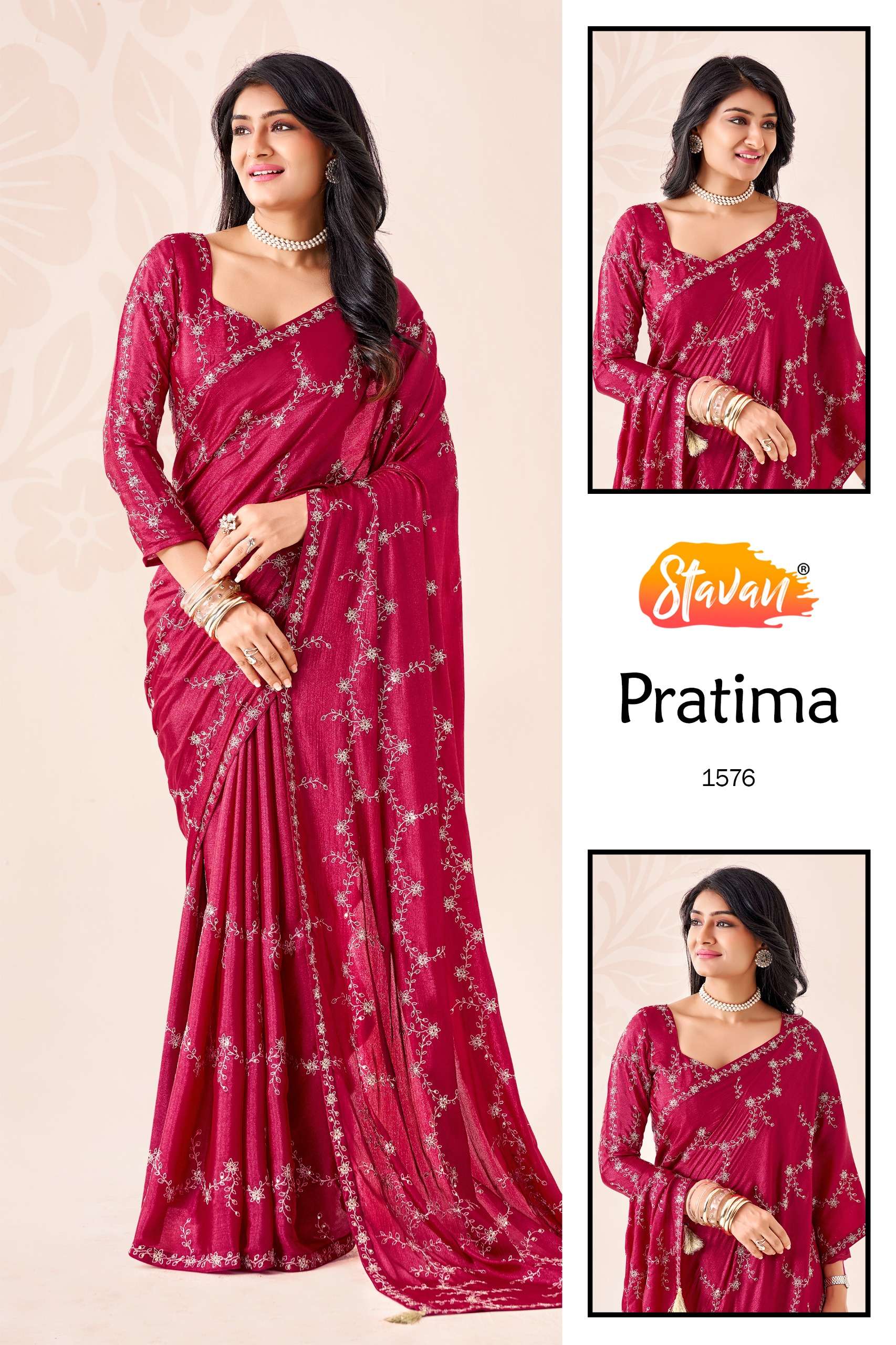 Stavan Pratima Fancy and beautiful Fabric with Embroidery Work on saree wholesale in surat