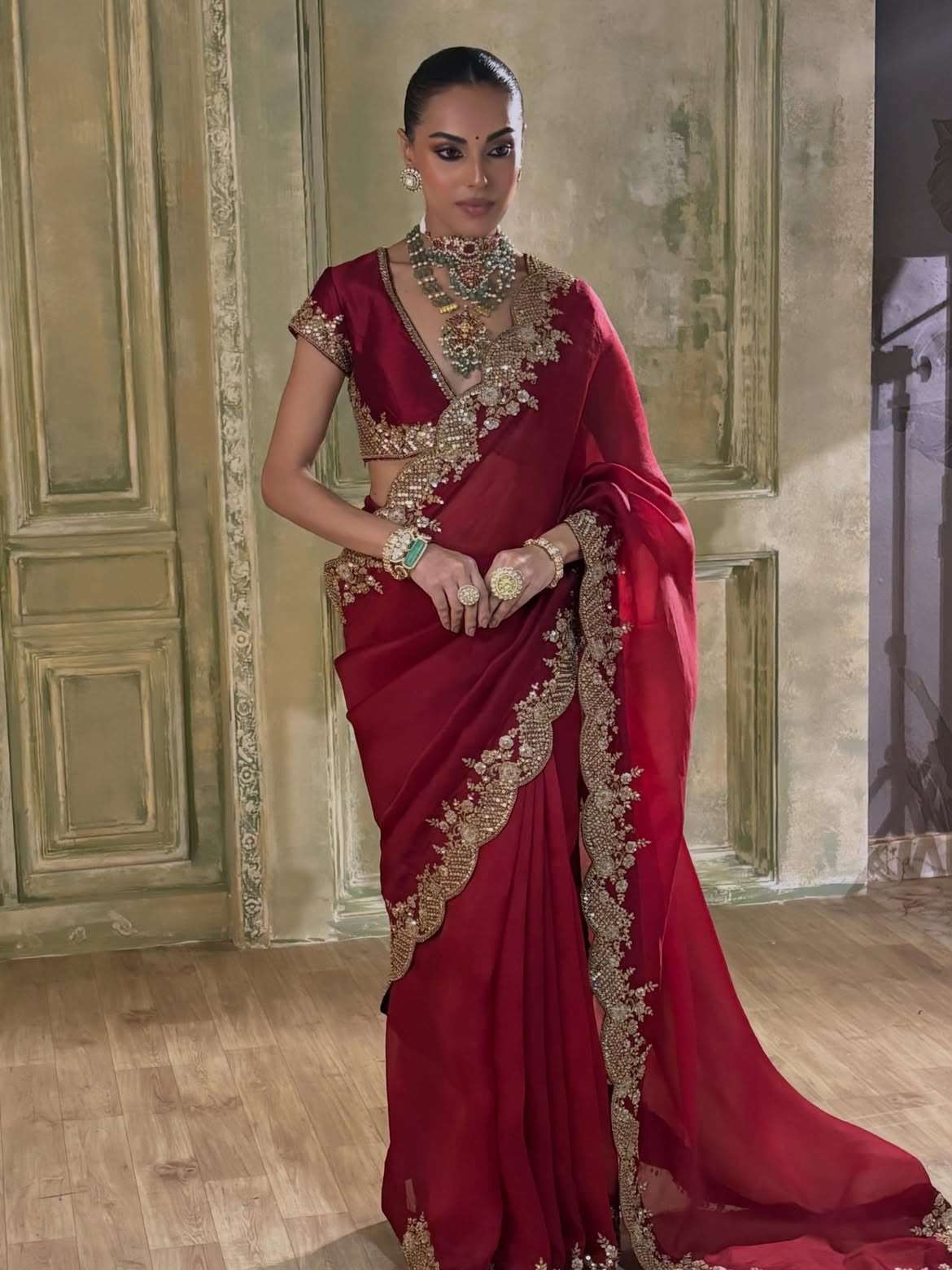 Style It With Elegance Dark Red colour Space Satin fabric Saree wholesale in surat 