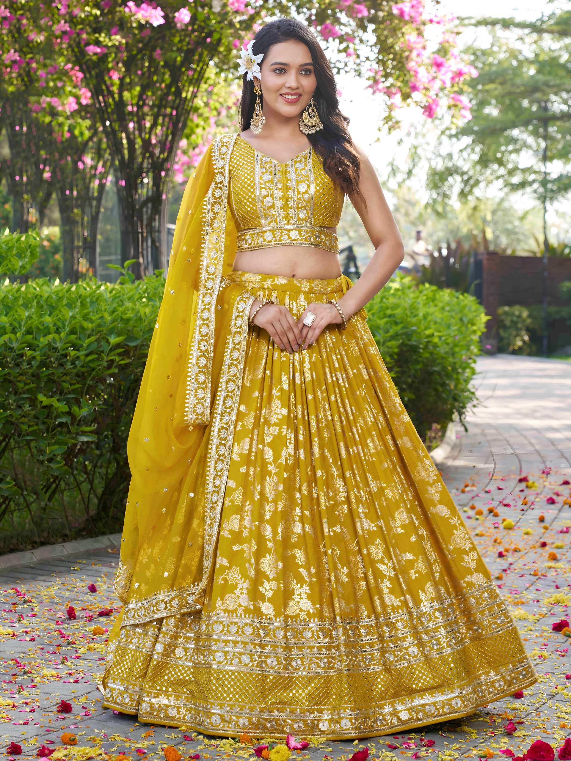  Sunlit Mustard colour with elegant and flower Floral Lehenga Choli wholesale in surat 7100 Yellow 