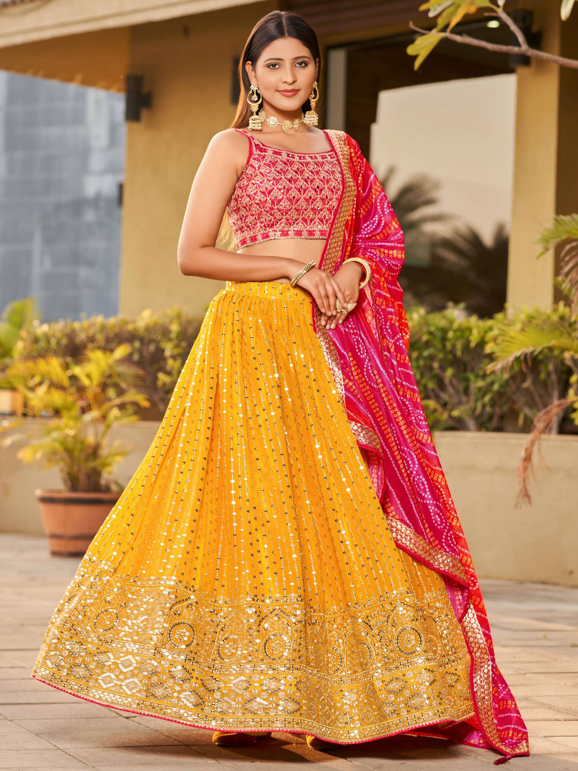  Sunlit Mustard colour with Mirror Lehenga with Bandhani Dupatta made of Georgette fabric wholesale in surat 8011 Yellow 