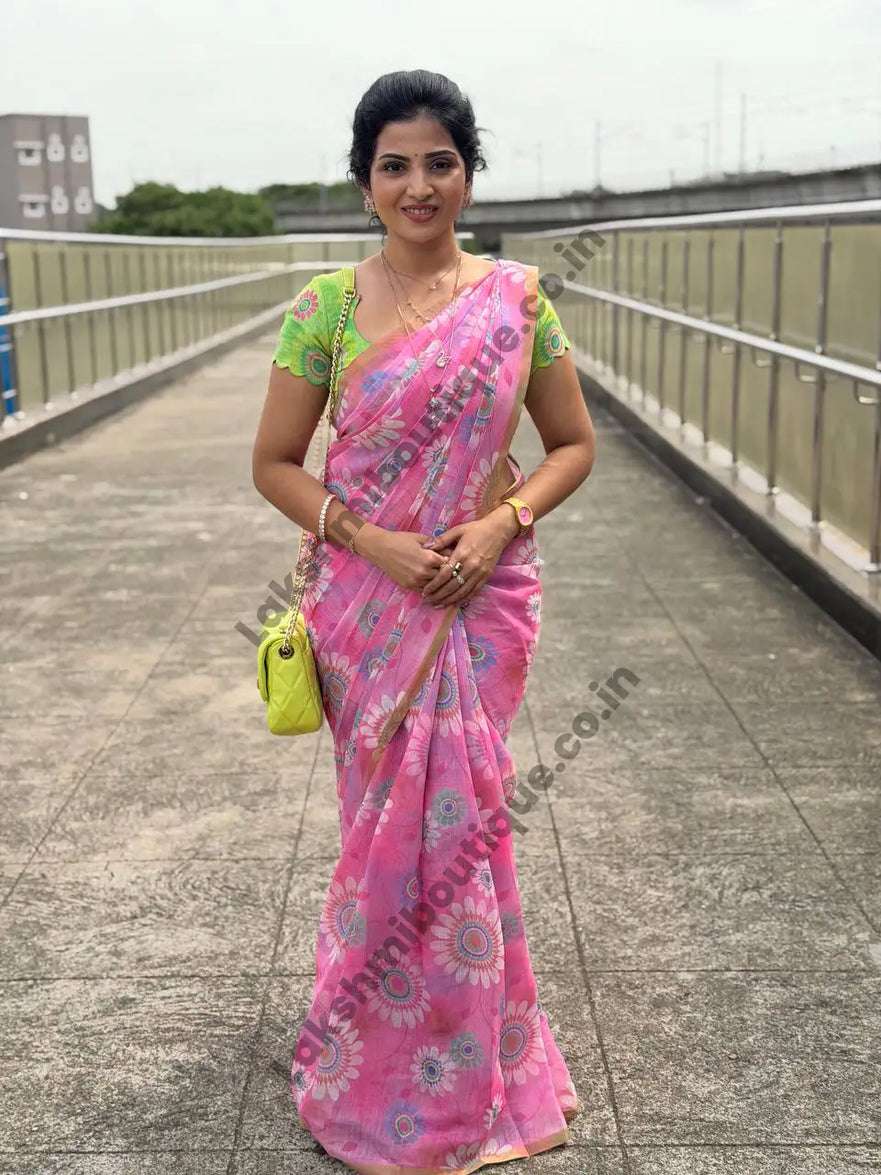 super Pure and Soft Linen Cotton fabric with beautiful pink colour digital print on saree wholesale in surat pachi
