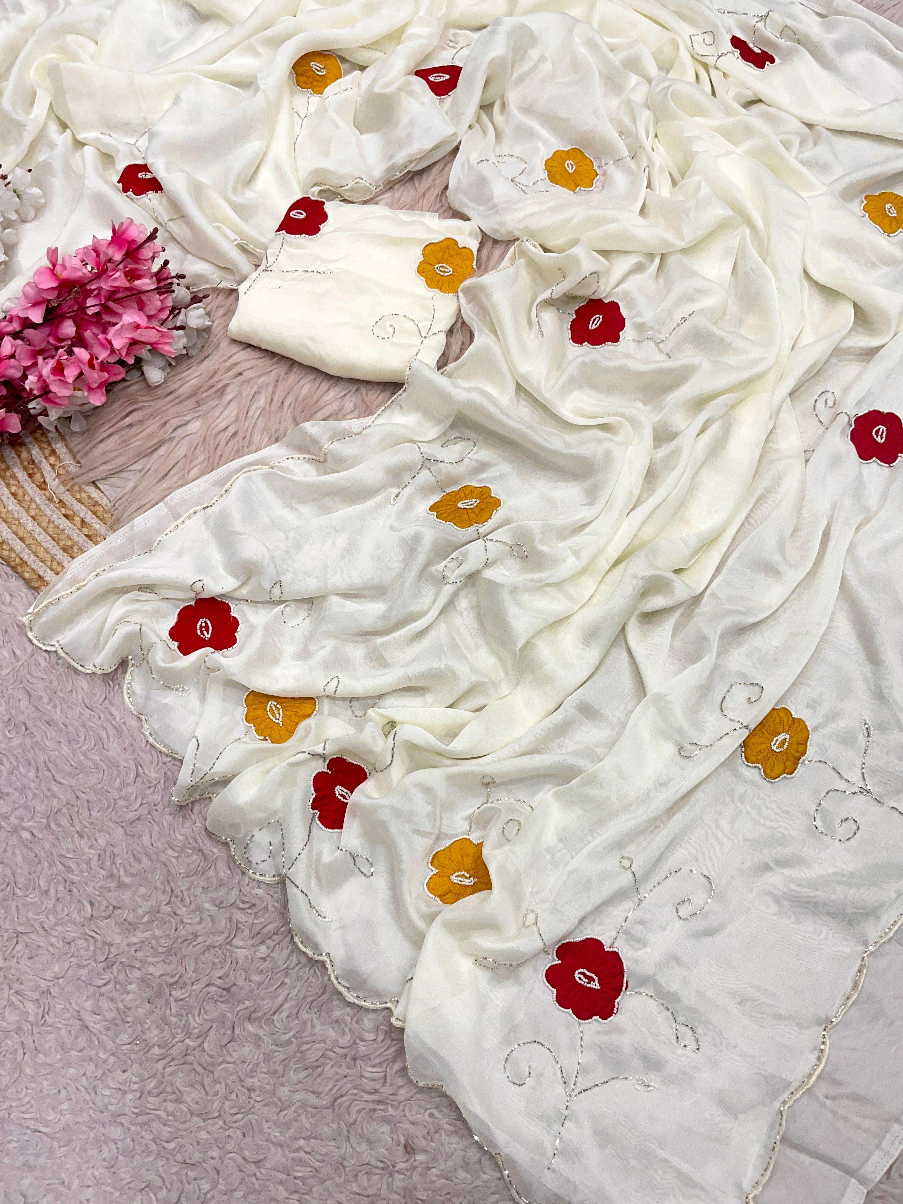  super soft Rangoli fancy silk fabric with beautiful hand made flower on saree wholesale in surat Mp 765