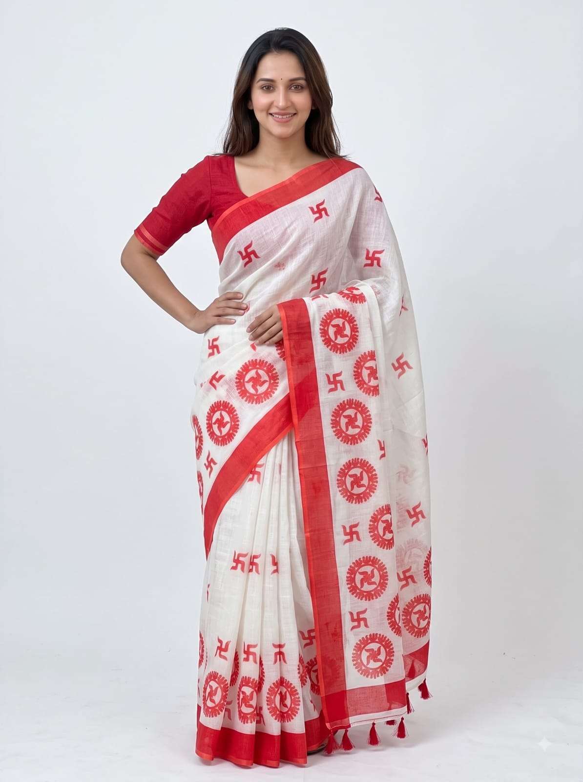 swastik logo Digital Print on Plain Linen fabric saree wholesale in surat MG698