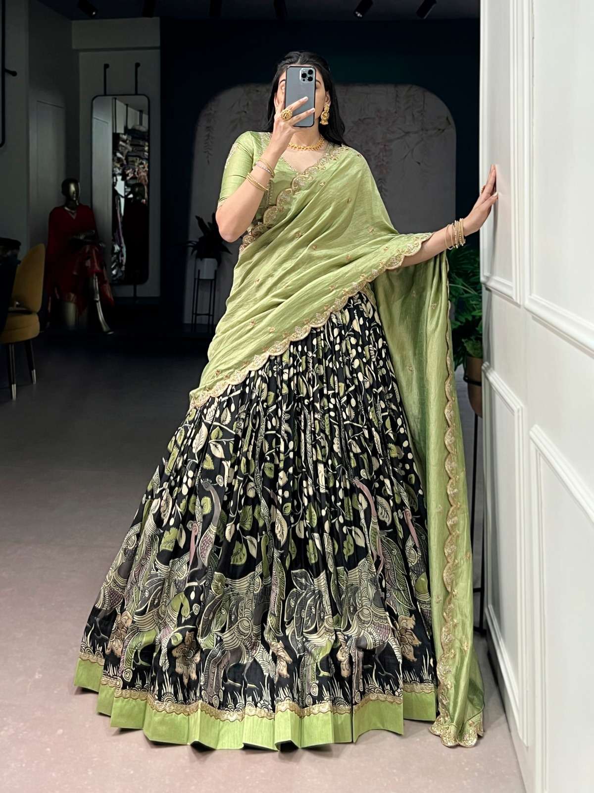 Tasar silk fancy fabric with beautiful kalamkari print on lehenga choli wholesale in surat nari