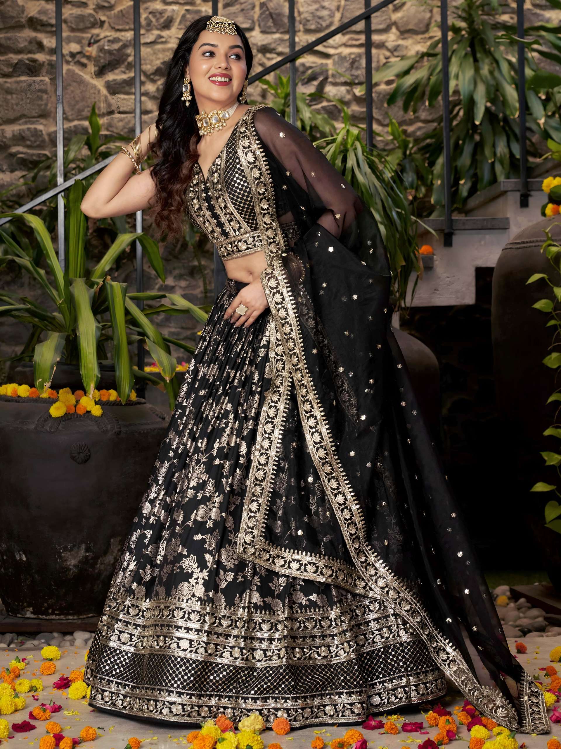  The lehenga choli features with rich Midnight black dola silk jacquard fabric best rate 7100 Black