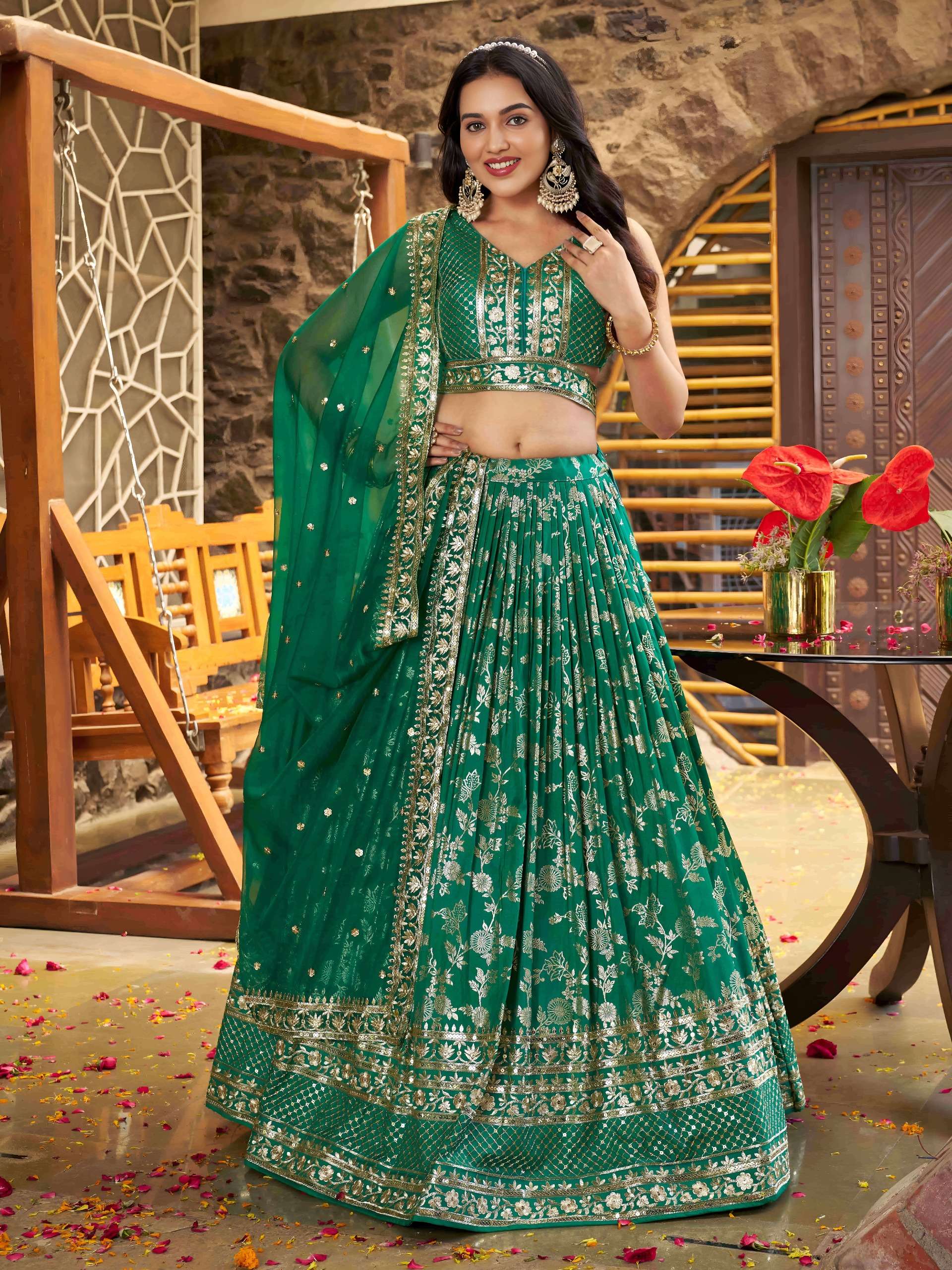  The rama green colour dola silk jacquard fabric lehenga choli wholesale in surat 7100 Rama Green 