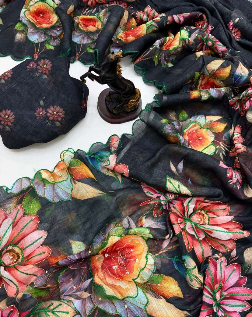 This beautiful Pure Linen has elegant floral prints on a dark base on Saree Wholesale in surat sufi