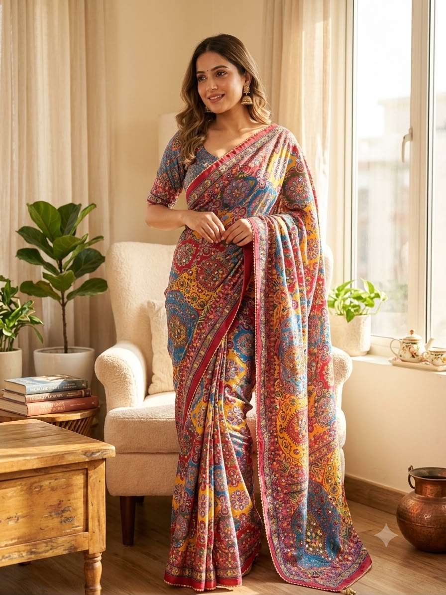 Trending Soft and pure Chinnon fabric  with beautiful print on saree reseller in surat 5639