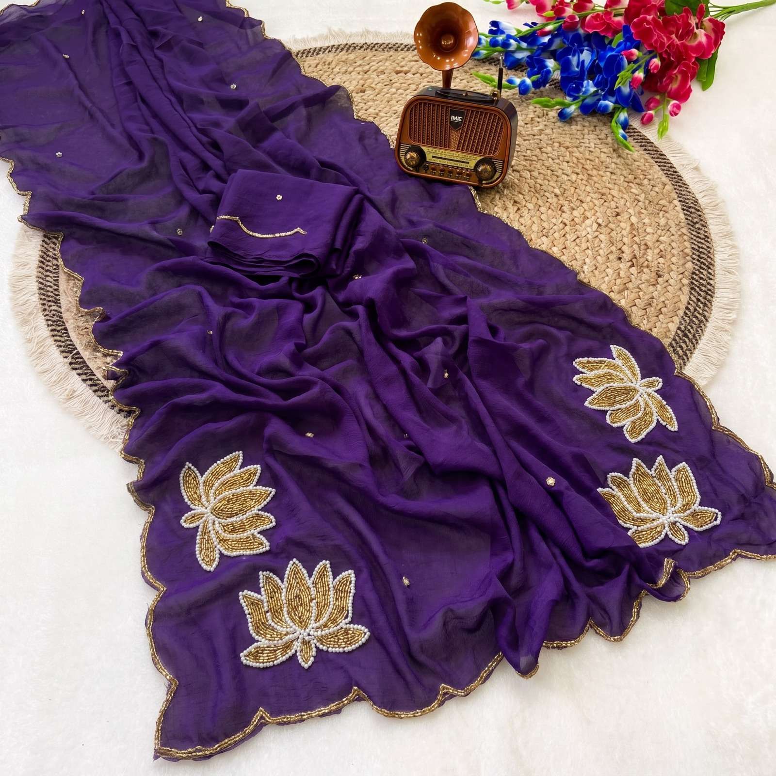 Usha New Designer silk saree with beautiful kamal flower work on saree wholesale in surat