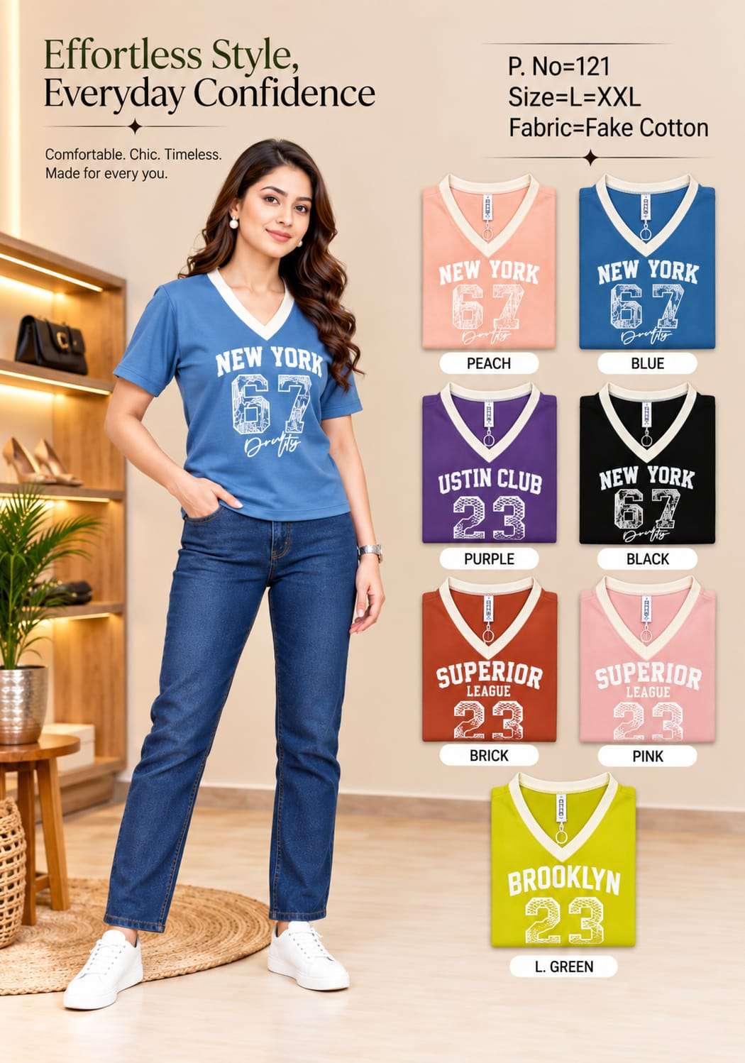 VMR FAKE COTTON TSHIRTS V NECK FOR WOMEN OFFICE AND COLLEGE GEN Z OUTFIT SUPPLIER 