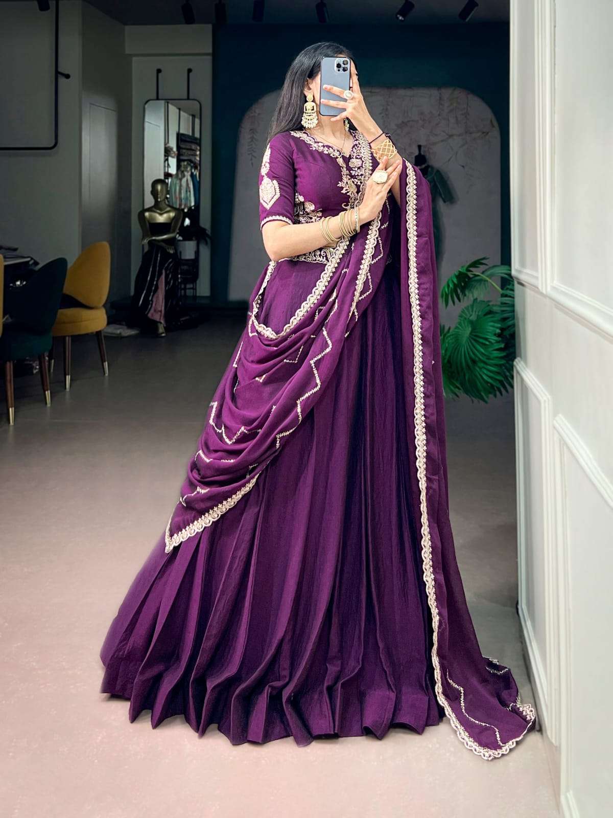wedding wear beautiful and classic chinon fancy fabric lehenga choli reseller in surat maji