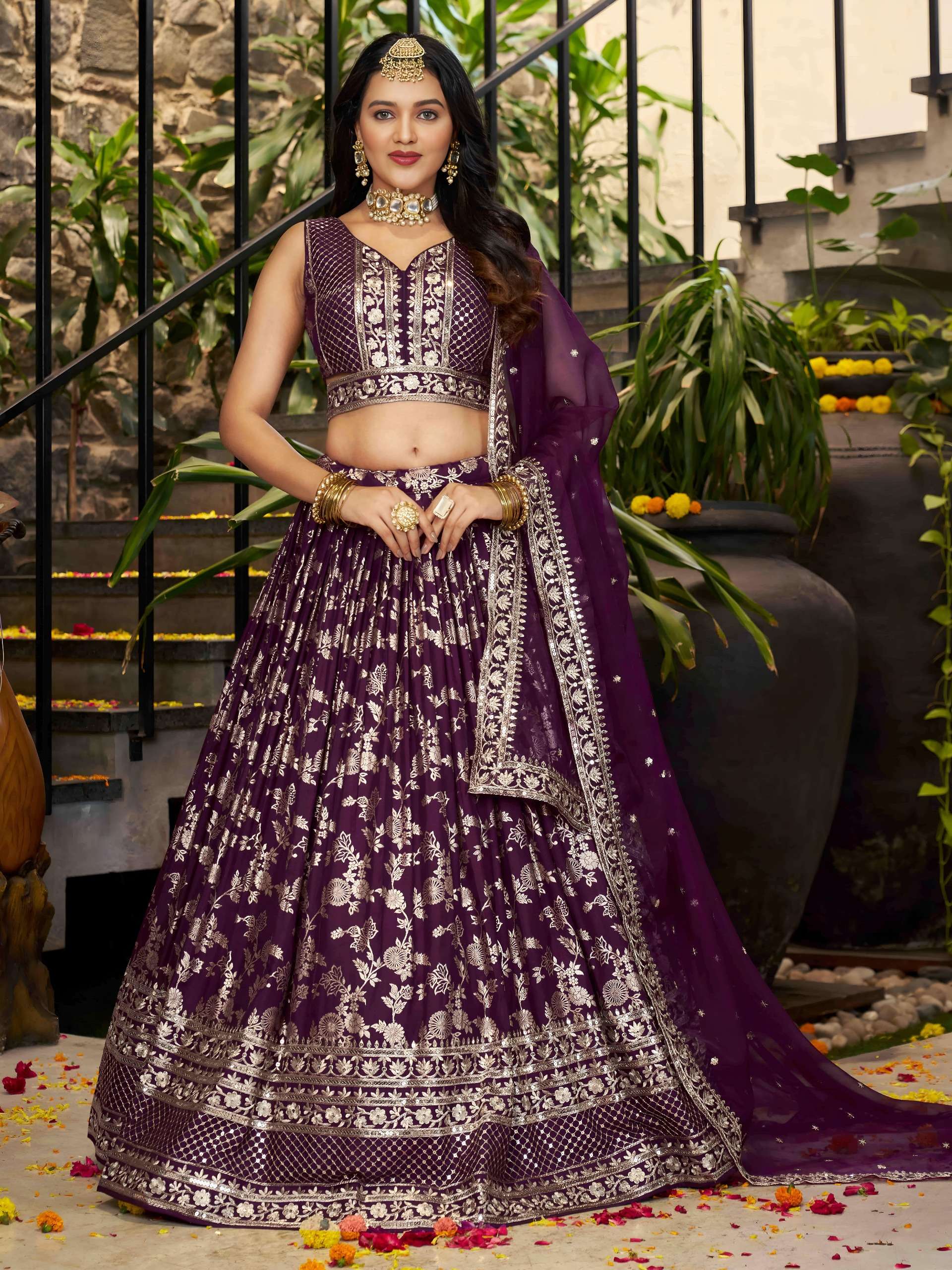 Wine Garden Glow colour Dola Silk Jacquard fancy fabric Lehenga Choli wholesale in surat 7100 Wine