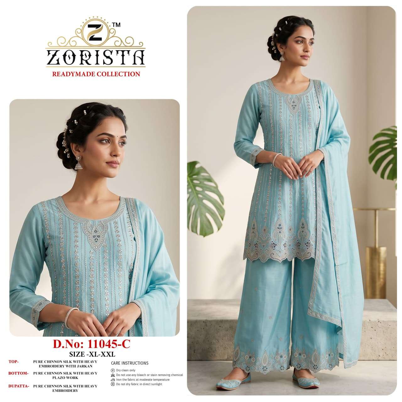 ZORISTA REDAYMADE COLLETION 11045 CHINNON SILK JARKAN WORK KURTI PALAZZO SUIT SHADI WEAR
