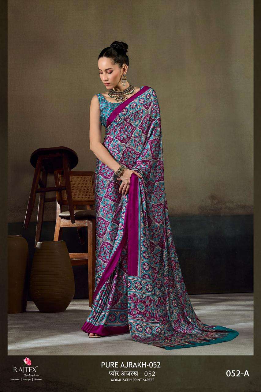 RAJTEX FABRICS PURE AJRAKH 052 SUPER SOFT MODAL SATIN FABRIC WITH AJRAKH PRINT ON SAREES WHOLESALE IN SURAT