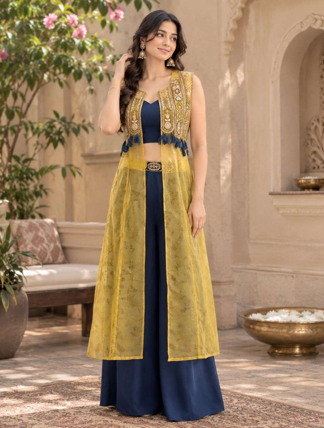 012 CROP TOP DESIGNER EMBROIDERED JACKET STYLE PALAZZO DIWALI PARTY WEAR DEALER