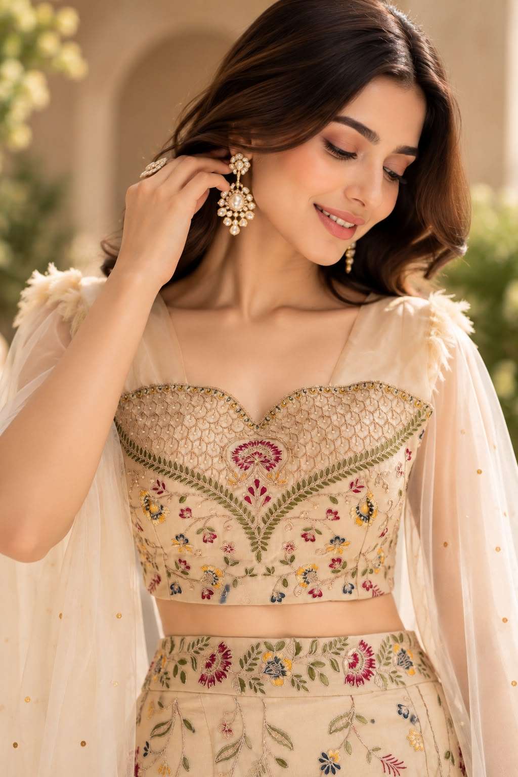 075 LVORY BEIGE LONG SLEEVESS BLOUSE & FISH CUT LEHENGA SET PARTY WEAR WHOLESALER SURAT