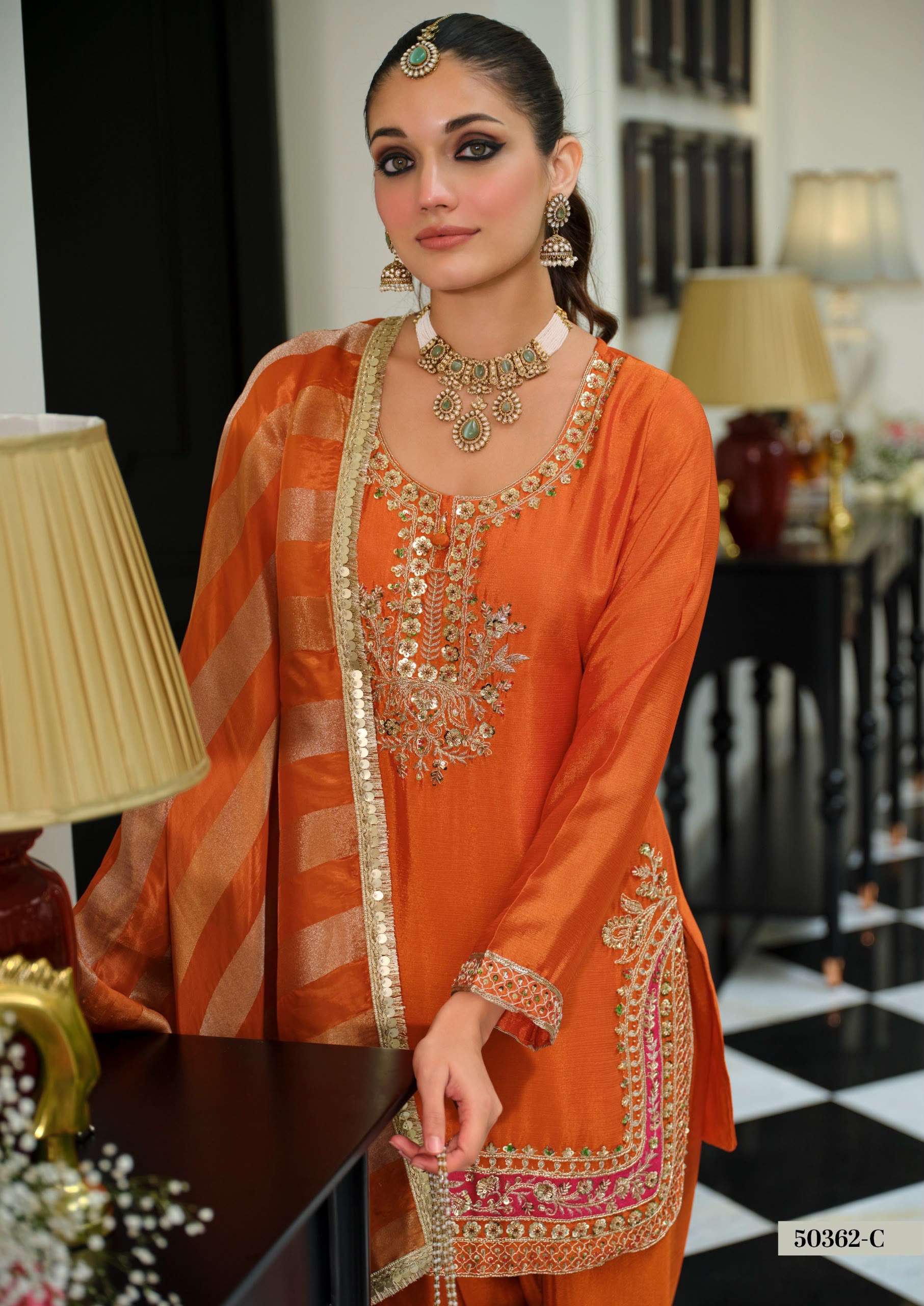 50362 BOUTIQUE QUALITY CHINON BEATS PATTERN SALWAR SUIT WEDDING OUTFIT DEALER