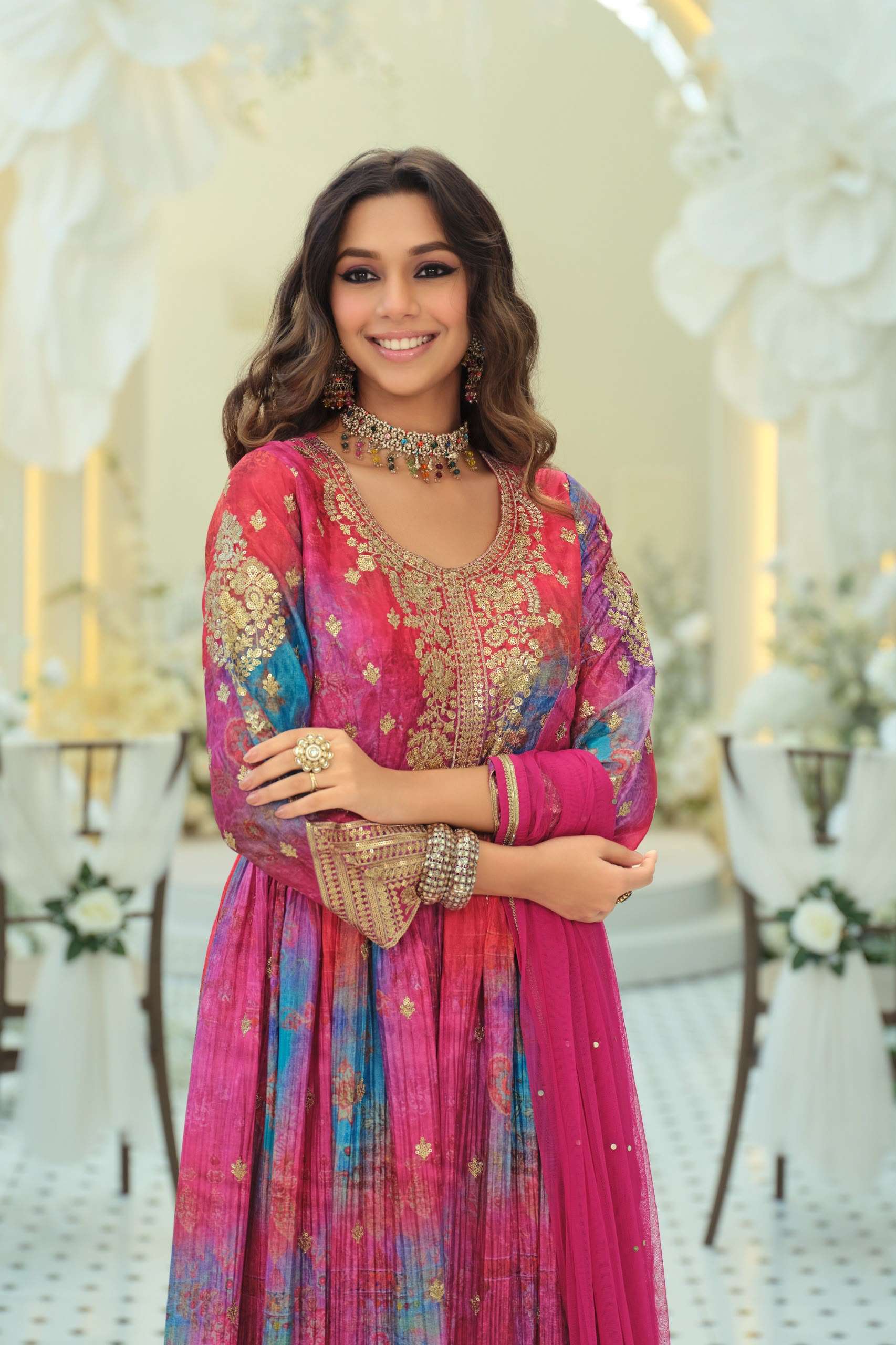 9874 DIGITAL WORK MULTI PRINT GOWN PANT WITH DUPATTA WEDDING WEAR RESELLER 