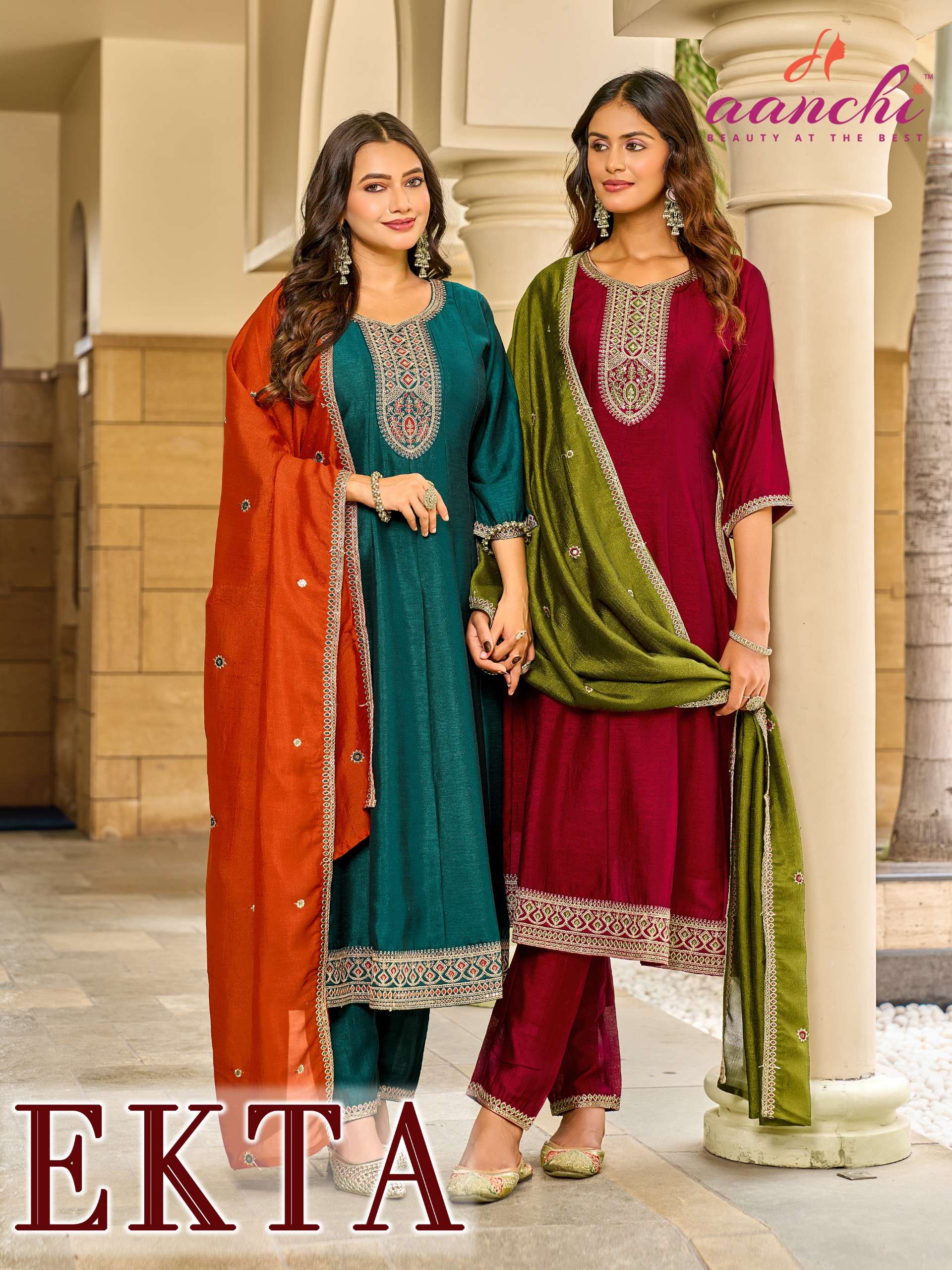 AANCHI EKTA SILK FABRIC DESIGNER ANARKALI SUIT DIWALI FESTIVAL SUPPLIER SET