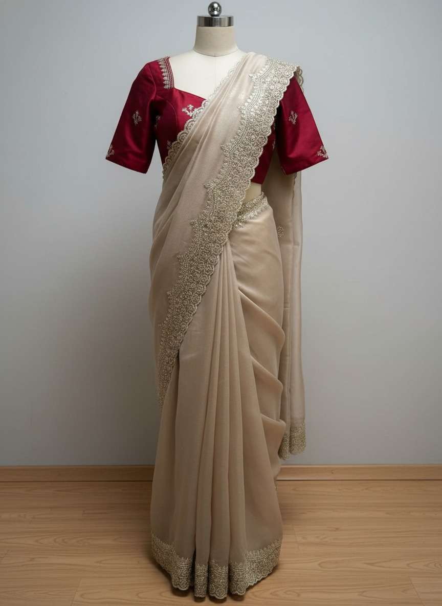 Aarvi Pure and soft Nylon Organza fancy fabric sarees reseller in surat