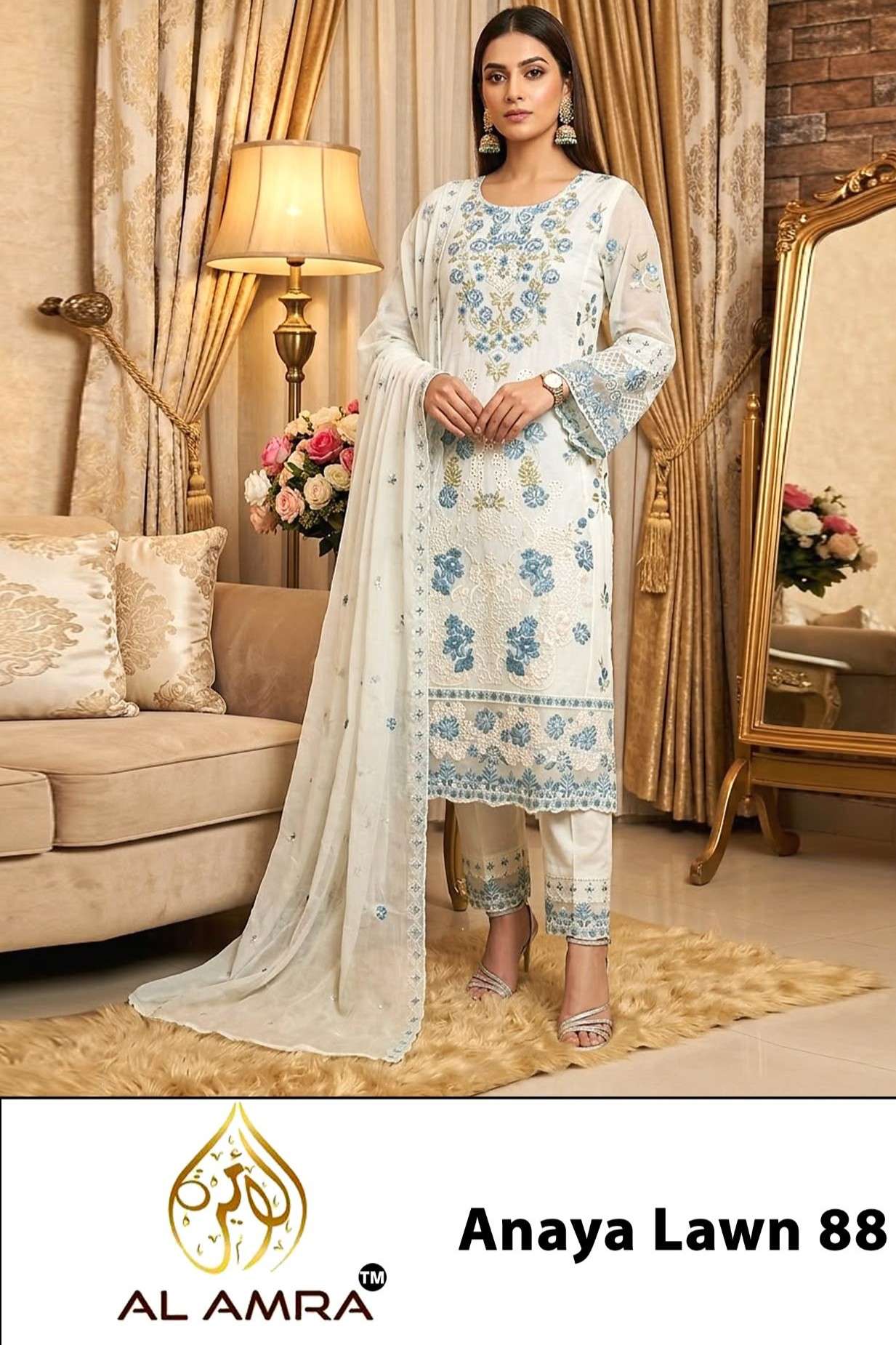 AL AMRA ANAYA LAWN 88 SUMMER SPECIAL COTTON KHATLI WORK SALWAR SUIT WEDDING CLOTHING