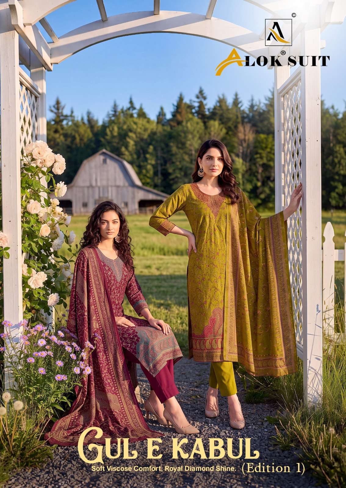 ALOK SUIT GUL E KABUL VISCOSE ALPINE WITH DAIMOND WORK SUIT UNSTITCH RESELLER