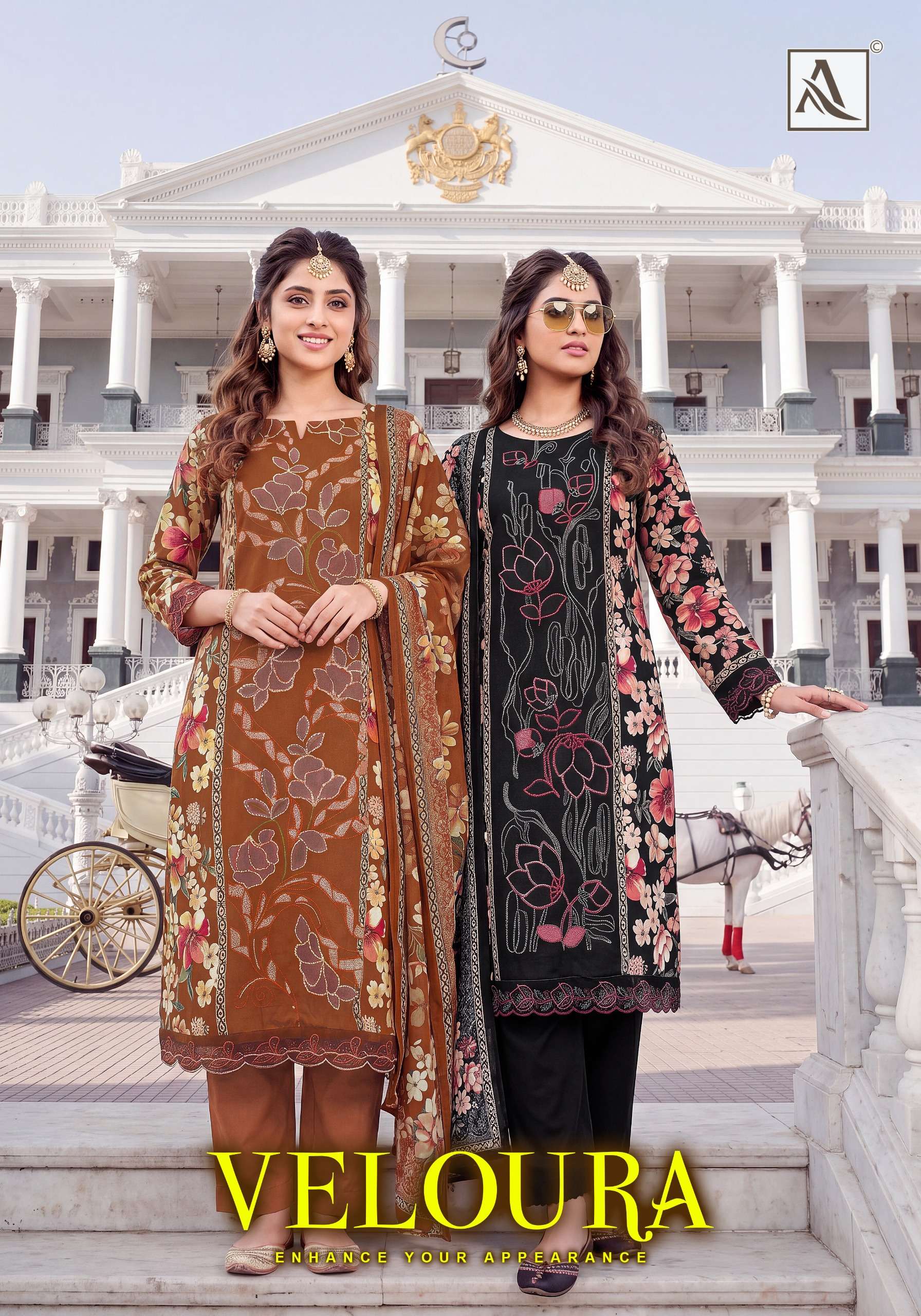ALOK SUIT VELOURA MASLIN PRINT AARI WORK THREE PIECE SUMMER LUXURY EDITION SURAT