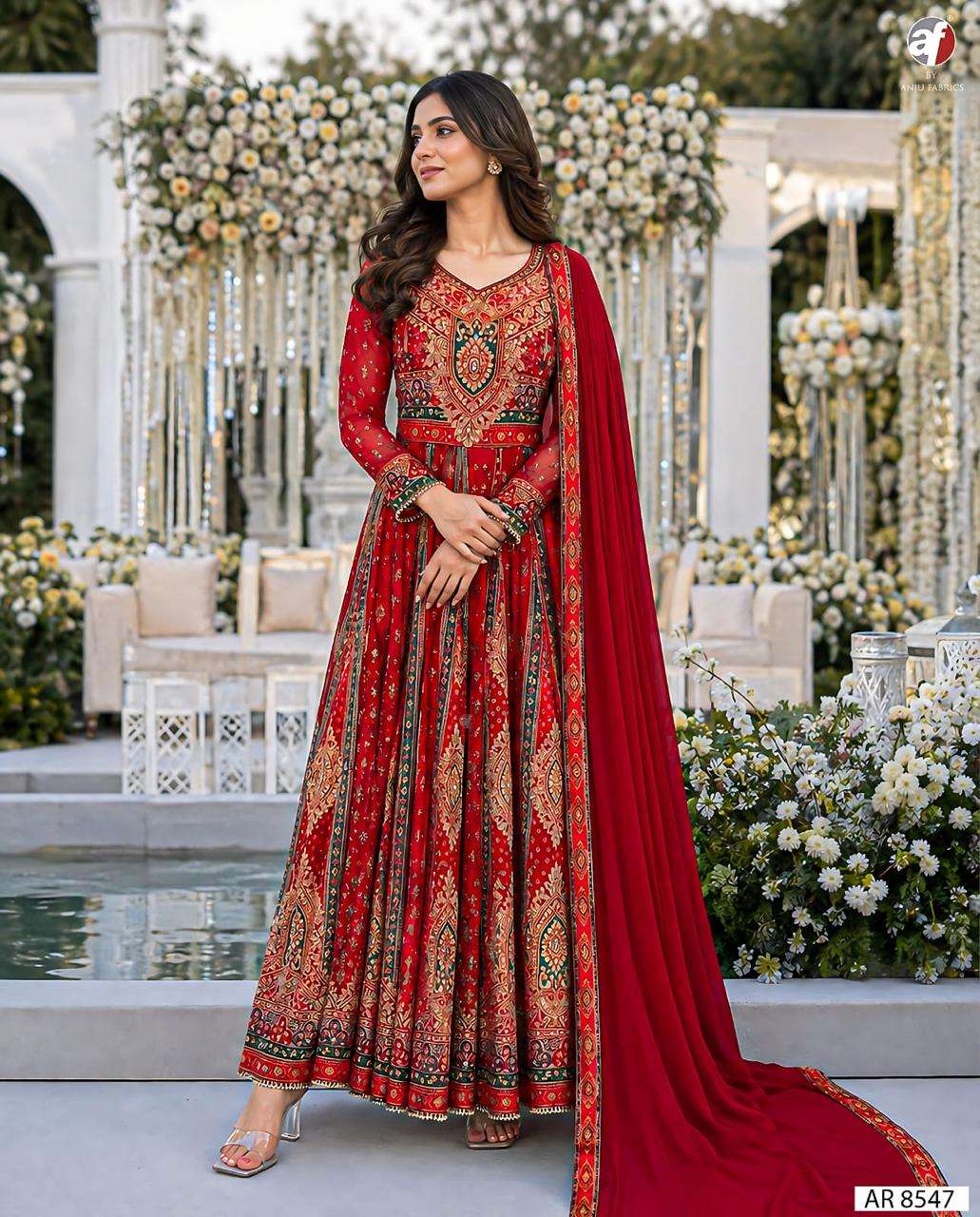 ANJU FABRICS AR 8546 CHIFFON FLARED GOWN WITH DUPATTA AT PARTY WEAR WHOLESALER