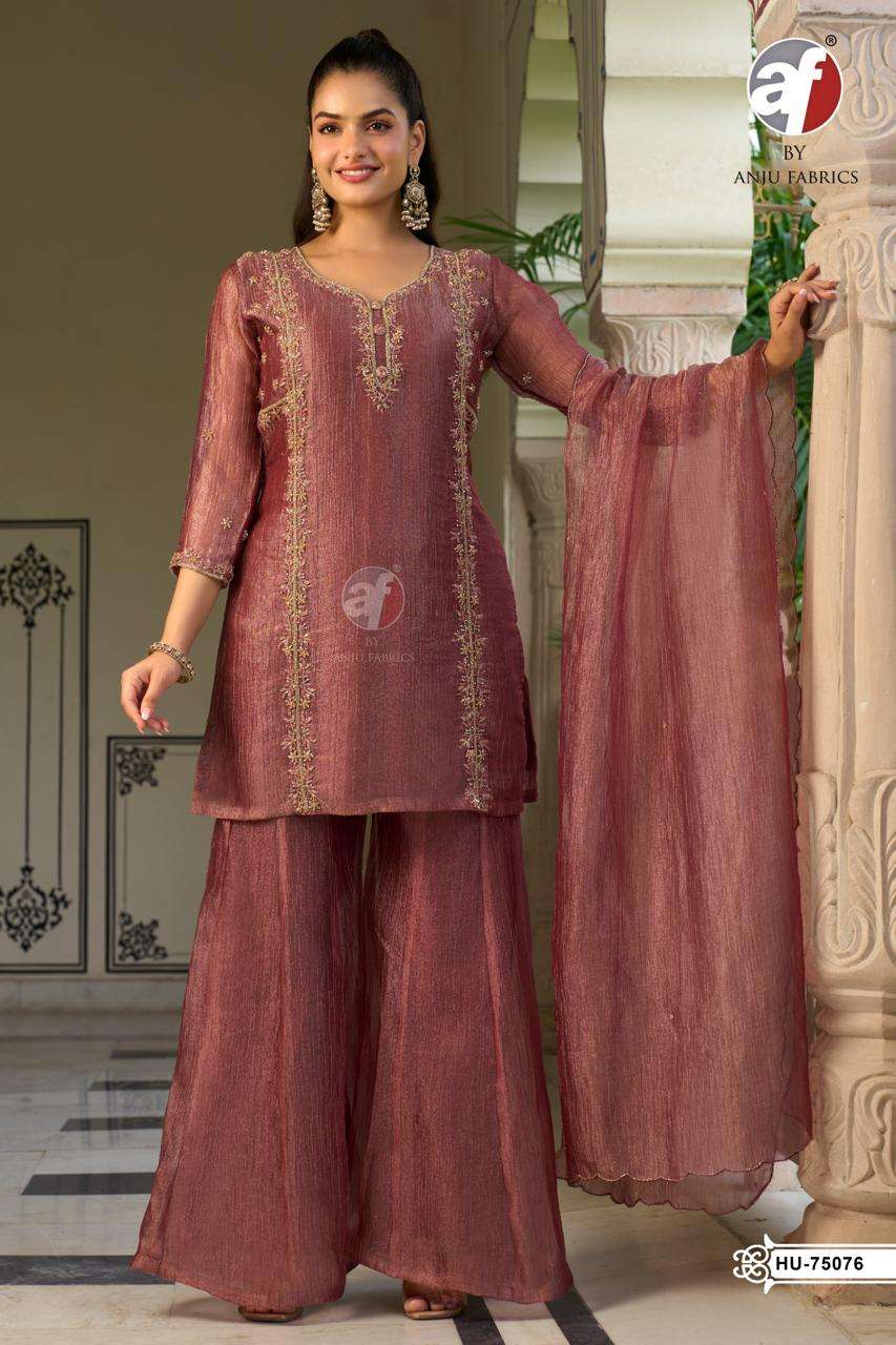 ANJU FABRICS HU 75075 ORGANZA SHORT KURTI DIVIDER WITH DUPATTA AESTHETIC WHOLESALER