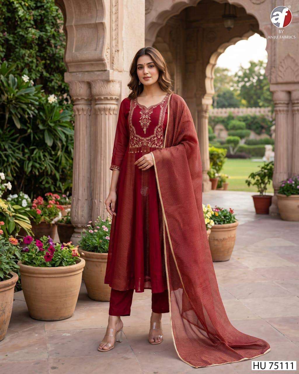 ANJU FABRICS HU 75112 MUL CHANDERI ANARKALI KURTI PANT WITH DUPATTA WHOLESALER GUJARAT