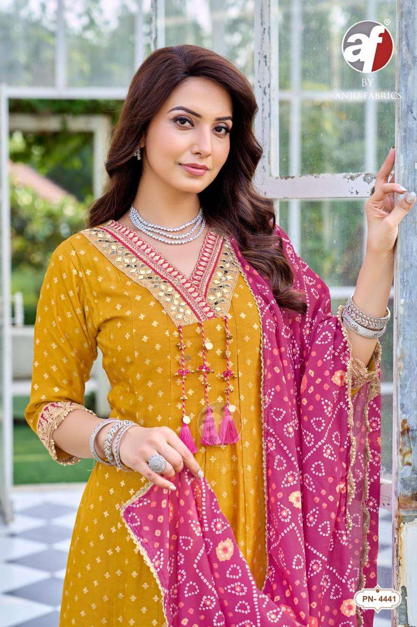 ANJU FABRICS PN 4443 DOLA RUSSIAN ANARKALI KURTI PANT WITH DUPATTA WHOLESALER