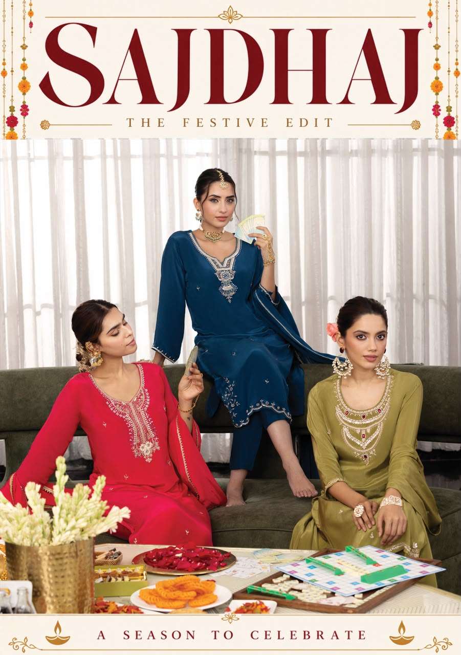 ANJU FABRICS SAJ DHAJ PURE CREPE KURTI PANT WITH DUPATTA FESTIVE WARDROBE INDIAN 