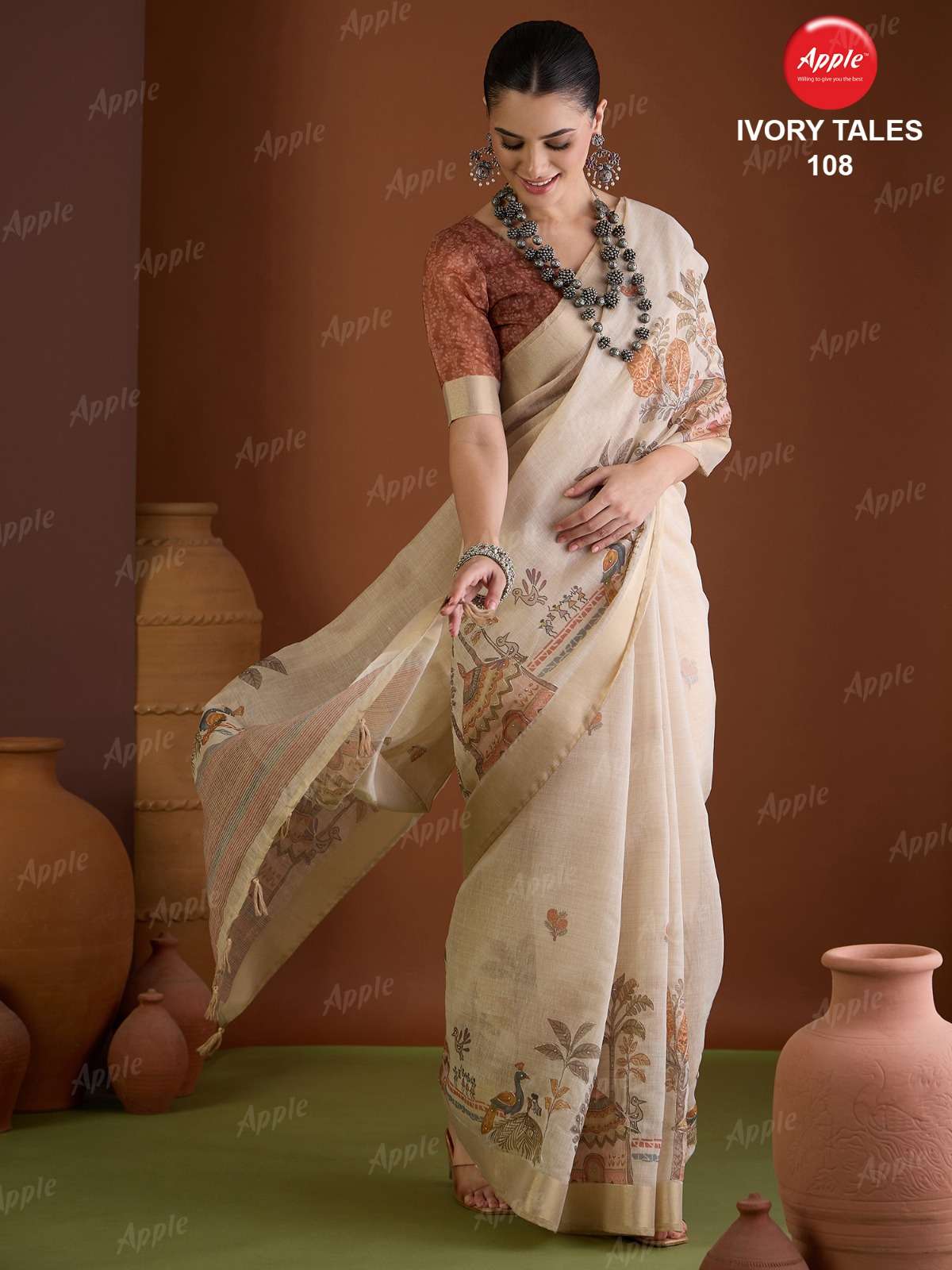 APPLE IVORY TALES VOL 1 SAREE MADE OF LINEN SILK BLEND FABRI...