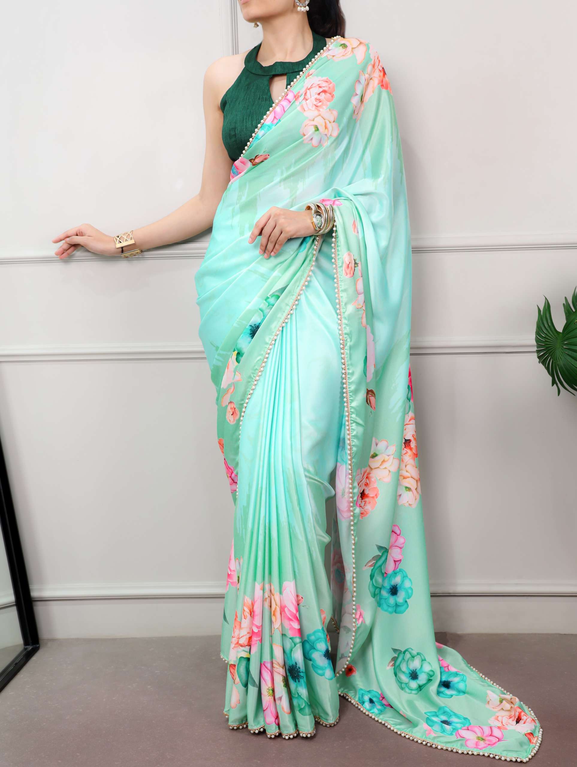 Beautiful blend of floral print on Satin Silk fabric saree reseller in surat 7034