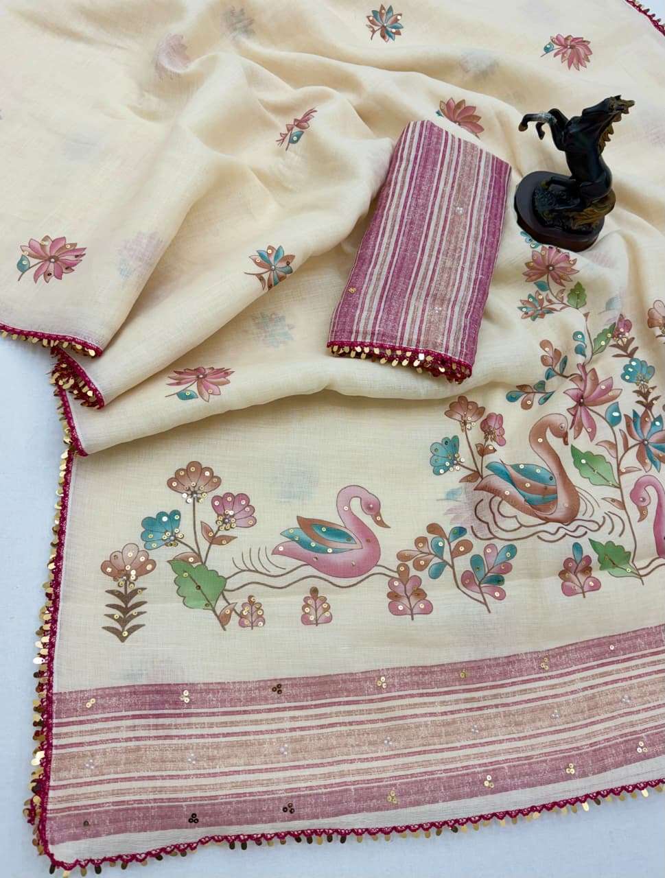 Beautiful ivory linen fabric with pretty floral and bird prints saree reseller in surat