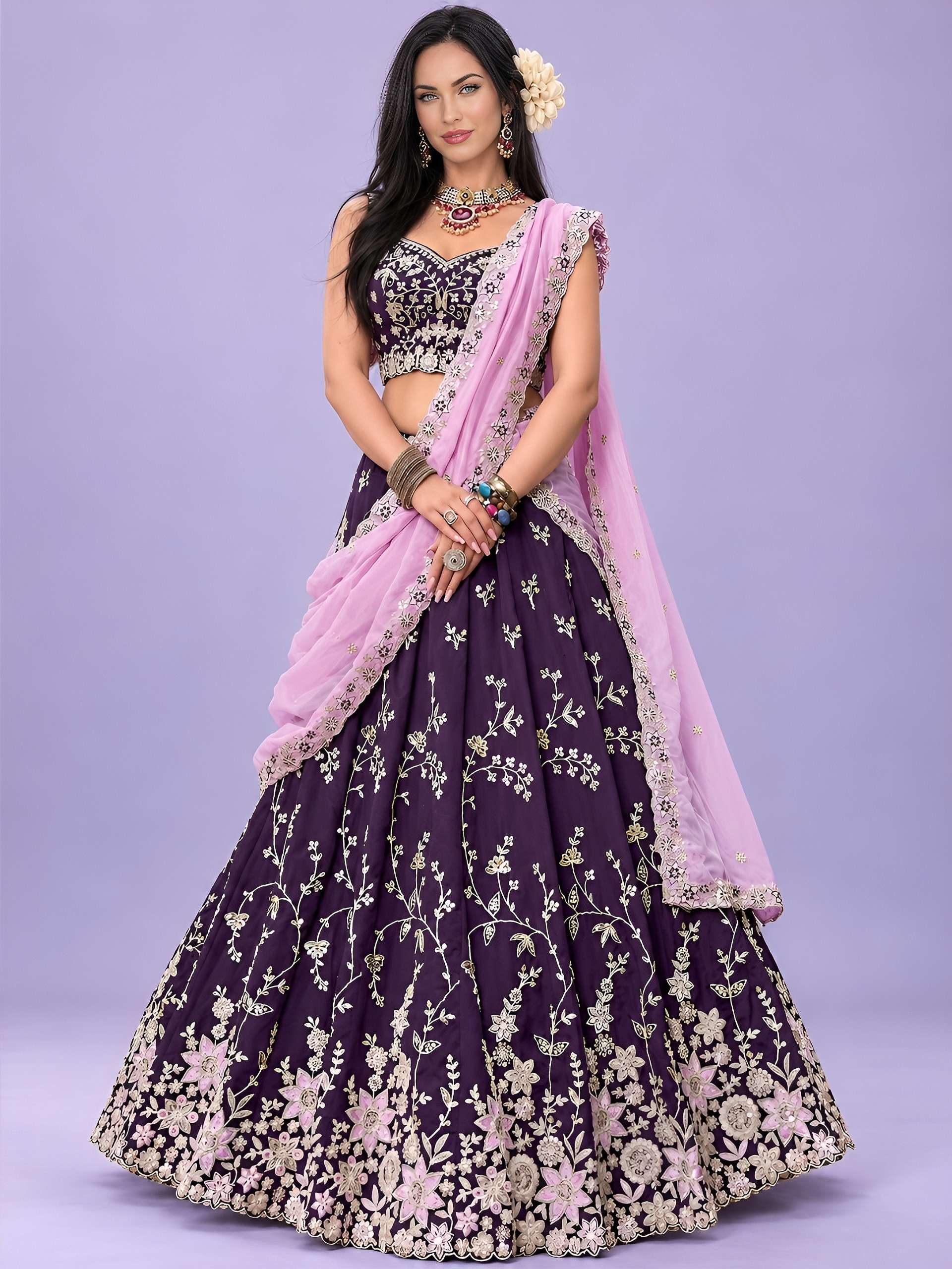 Beautiful Purple colour Rangoli Silk fabric Embroidered work on Lehenga Choli reseller in surat 5139 purple