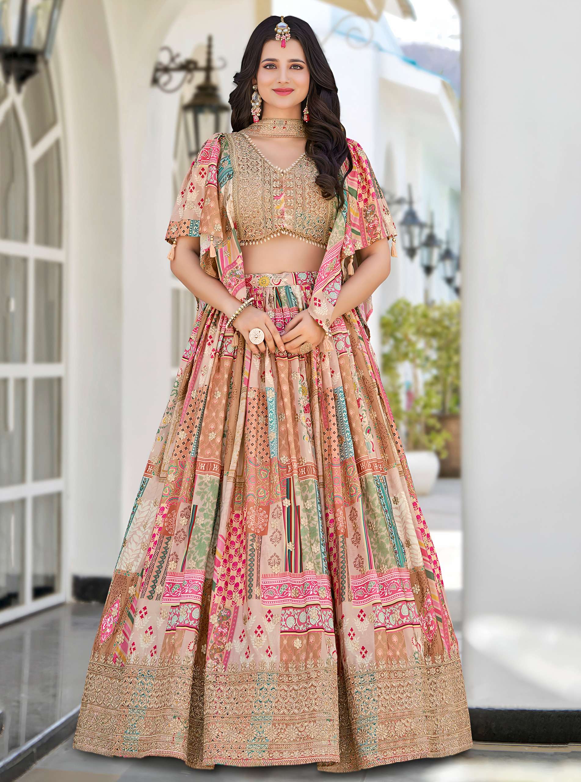  Beige Multicolor Chinnon silk Heritage and flower Print on Lehenga Choli reseller in surat 7050 Beige
