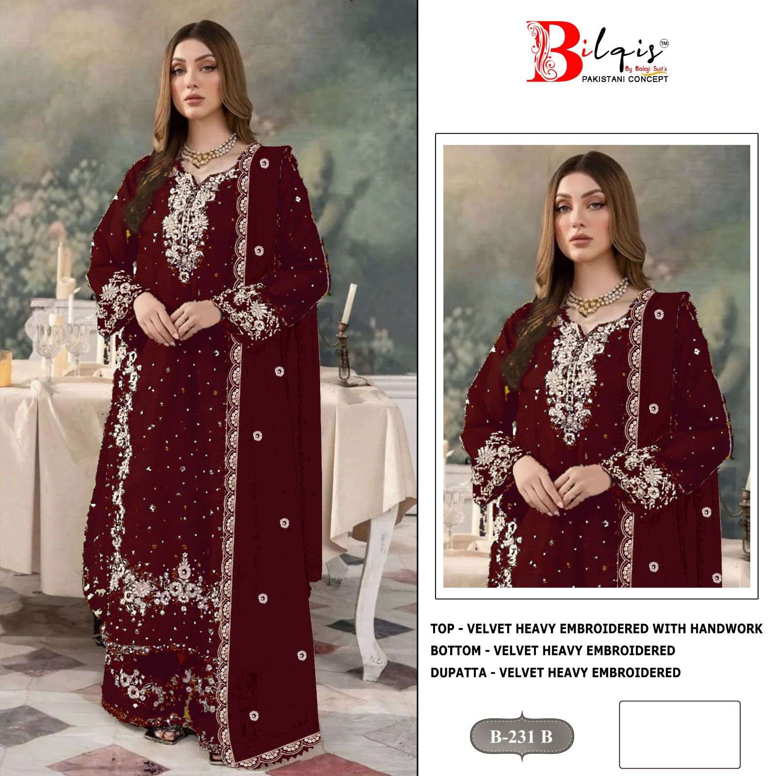 BILQIS B 231 VELVET HEAVY EMBROIDERED PALAZZO SUIT IN WEDDING WINTER SPECIAL RESELLER 