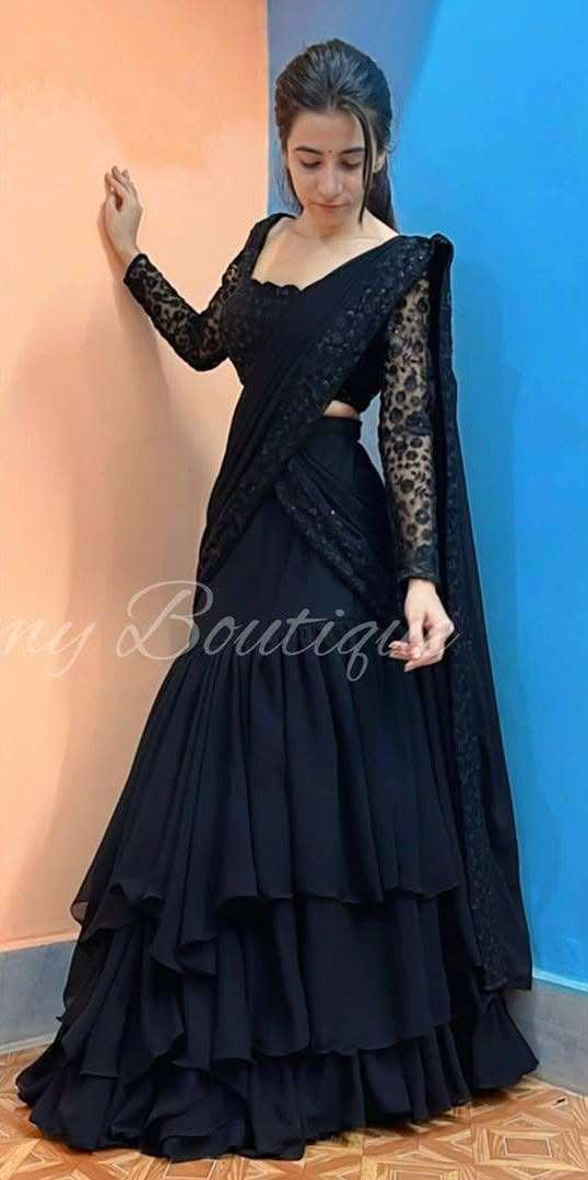  BLACK COLOUR DESIGNER READY TO WEAR LEHENGA CHOLI HEAVY FUAX GEORGETTE FABRIC RESELLER IN SURAT KF 1663