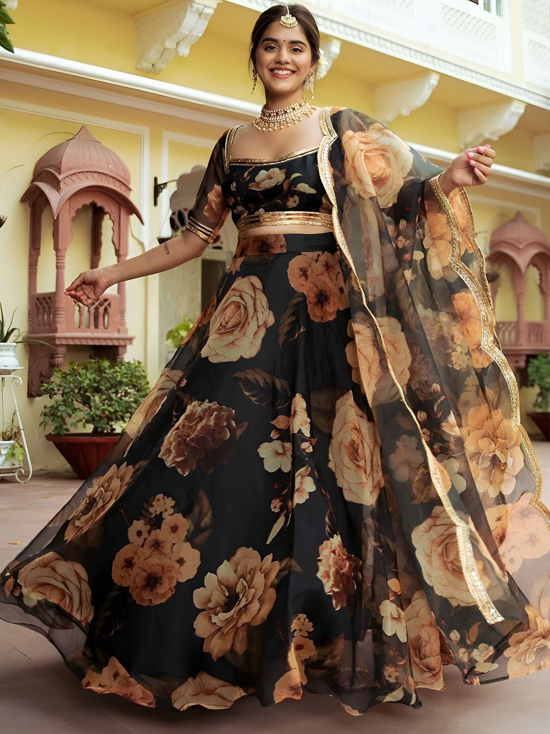  Black Colour Floral Printed Organza fabric Lehenga Choli reseller in surat 15054