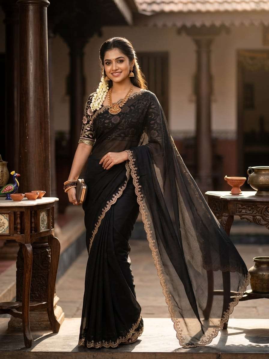 Black Colour party wear Rangoli Chiffon fabric Saree reseller in surat