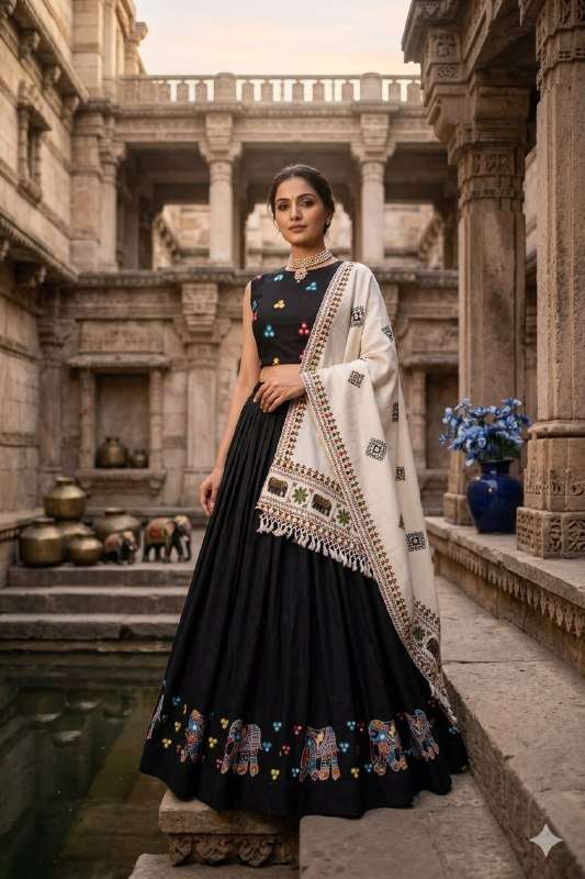 Black Navratri wear Muslin Cotton fancy fabric lehenga choli reseller in surat  278