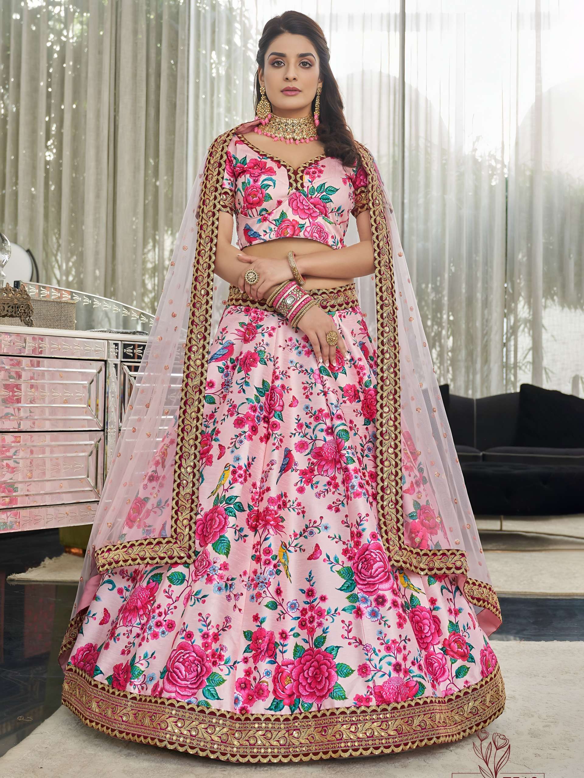 Blush Pink colour beautiful Floral Printed Art Silk fabric Lehenga Choli reseller in surat 7516 