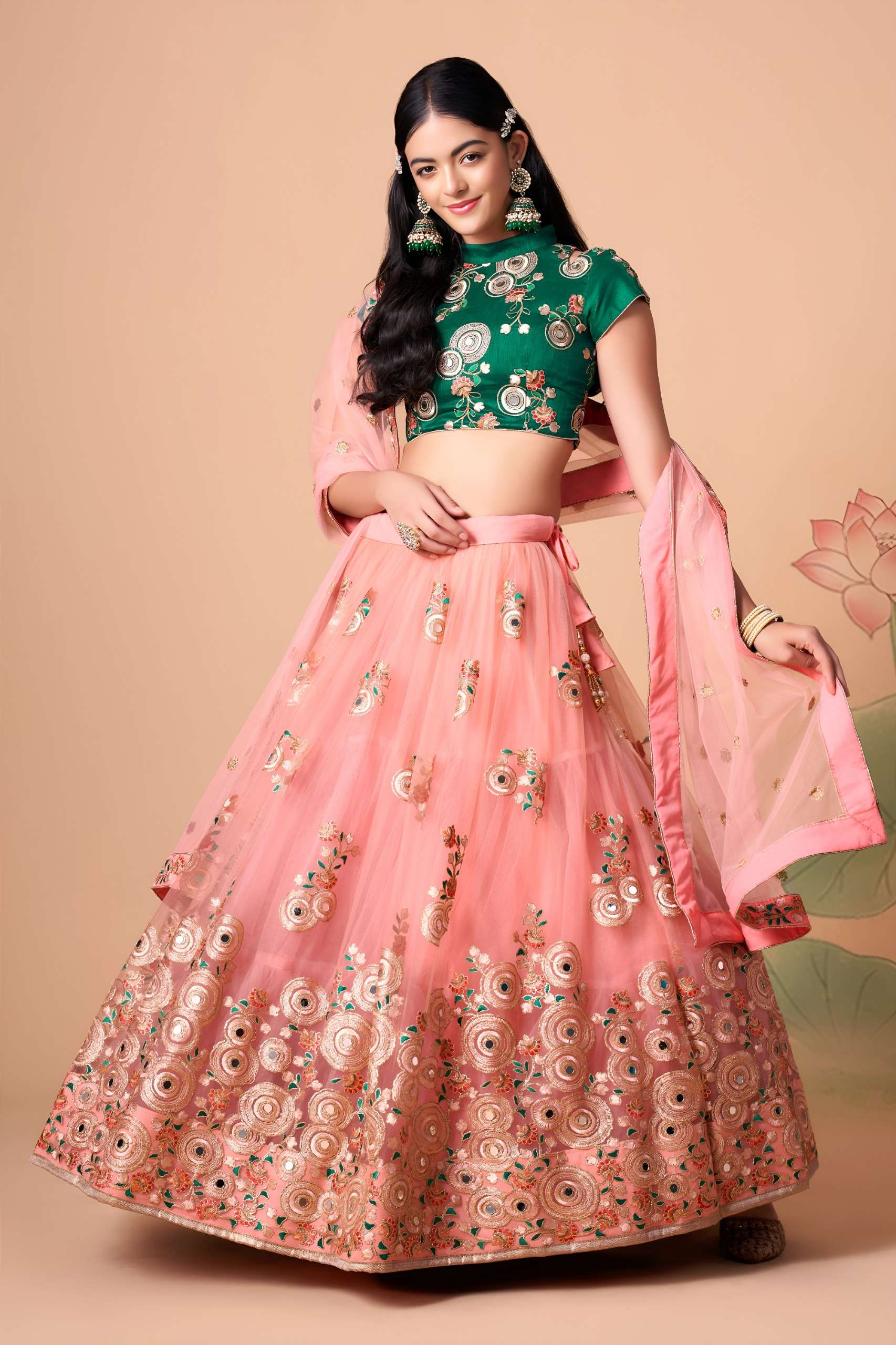 Blush Pink & Emerald Green Colour net Floral print Lehenga C...
