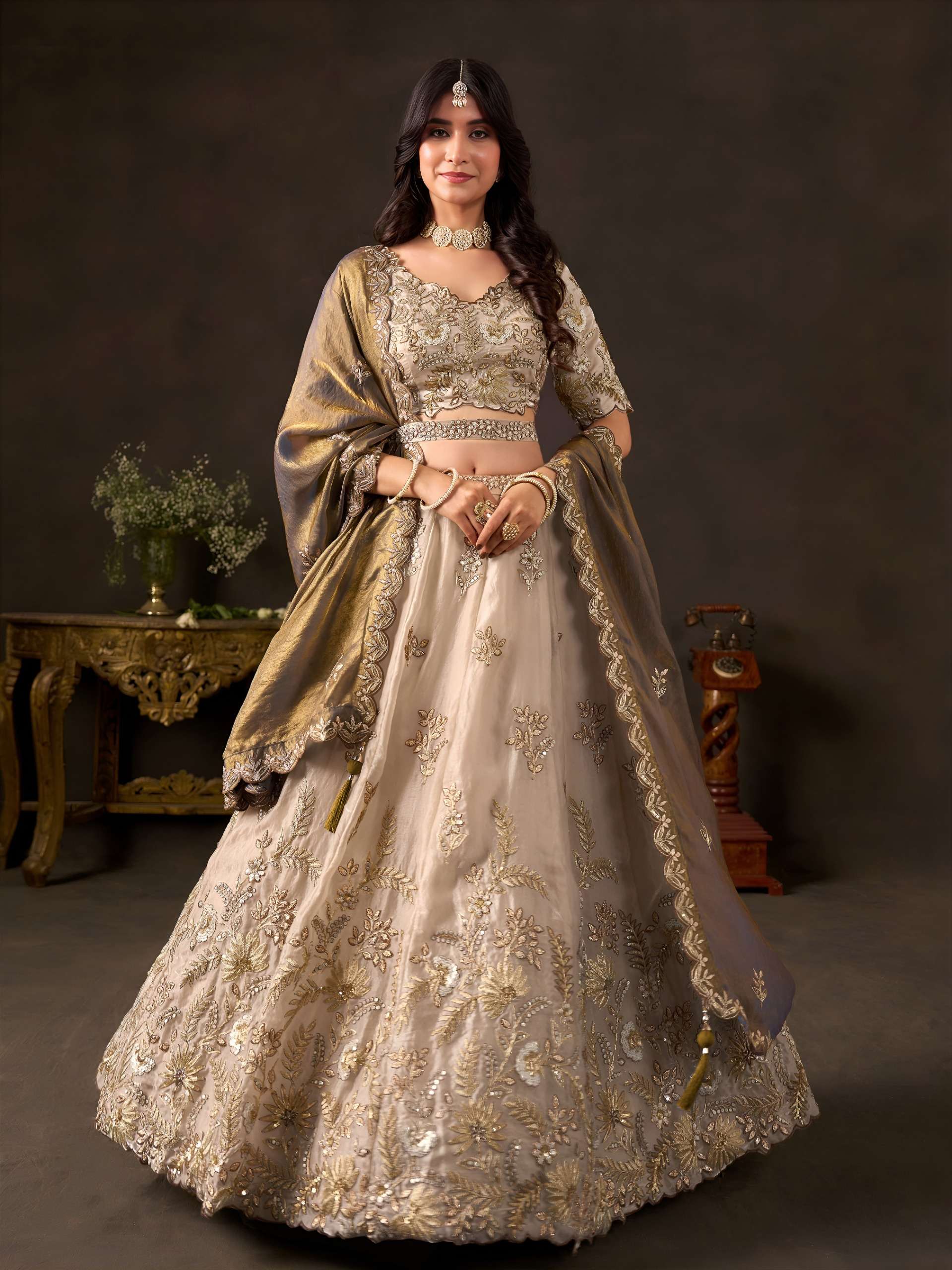 BRONZE GOLD COLOUR LUXURIOUS FANCY SILK FABRIC LEHENGA CHOLI 6019 BRONZE GOLD